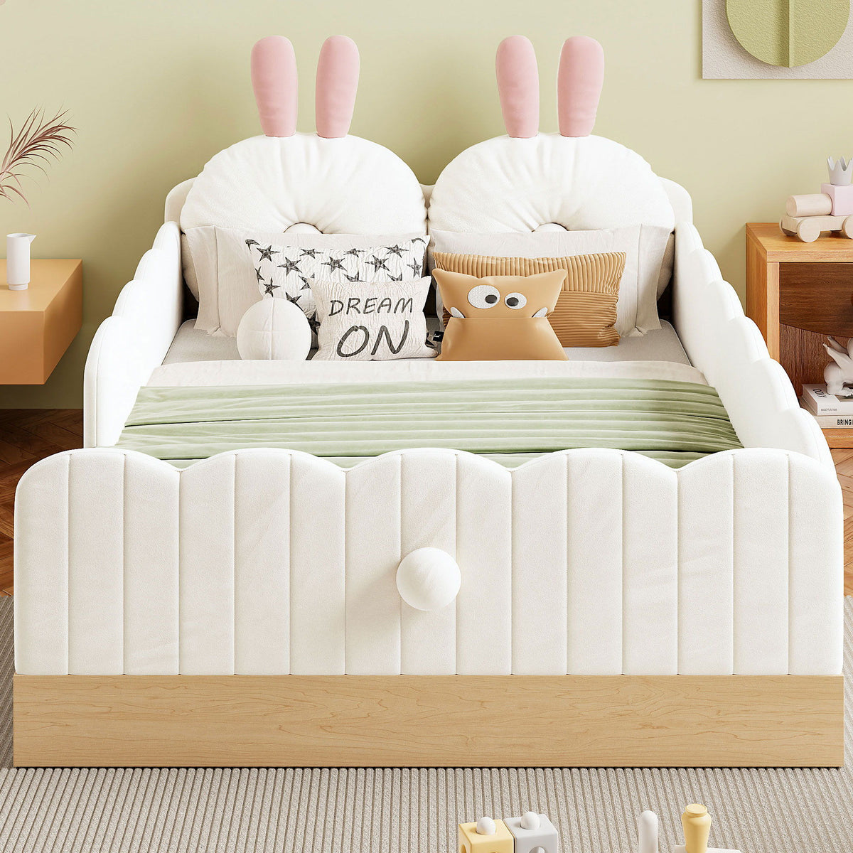 Platform Bed With Animal Pillows And Storage Bags