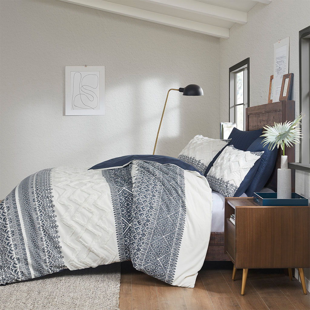 Mila - 3 Piece Duvet Cover Set With Tufting - Navy
