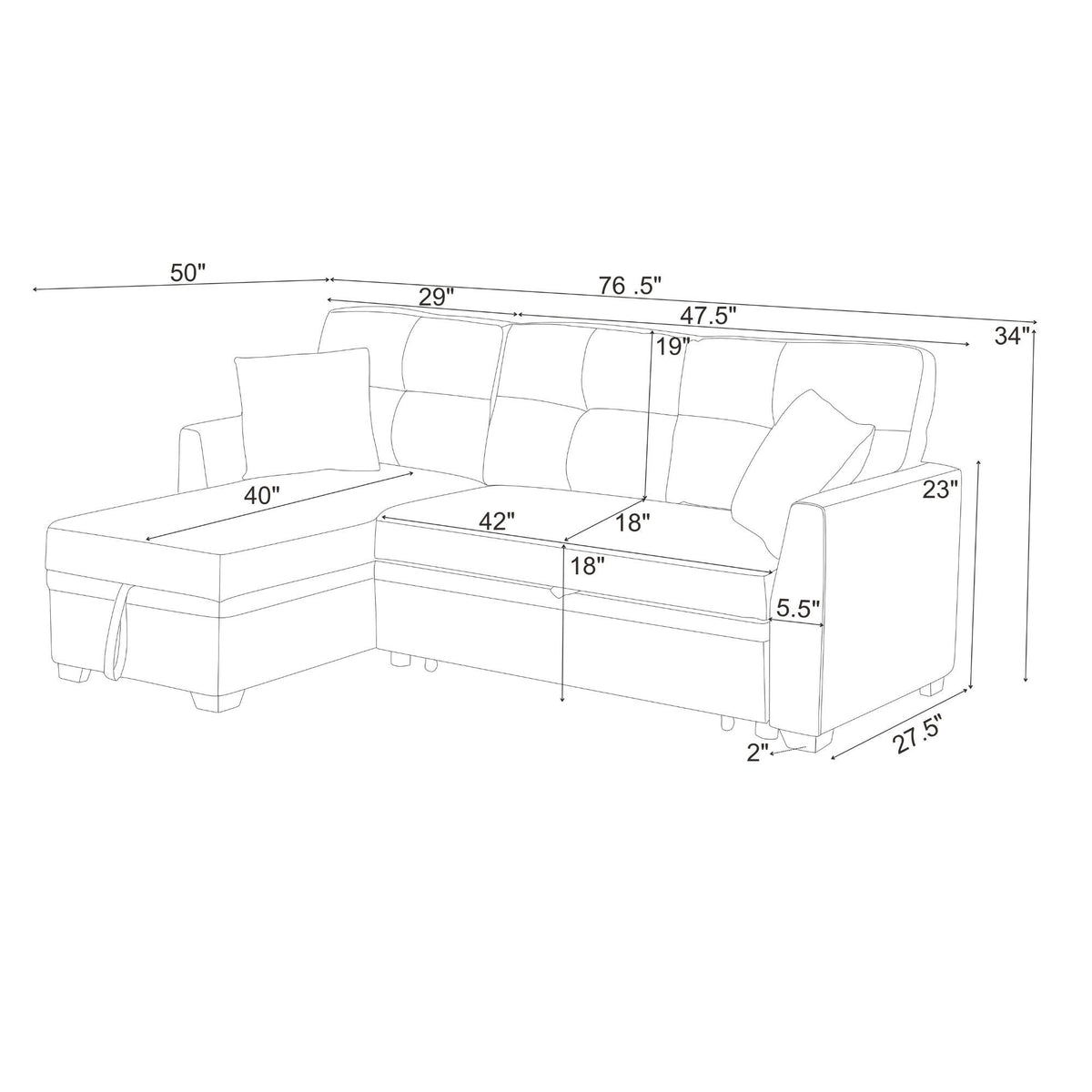 Upholstered Sectional & Pull Out Bed And Chaise Storage