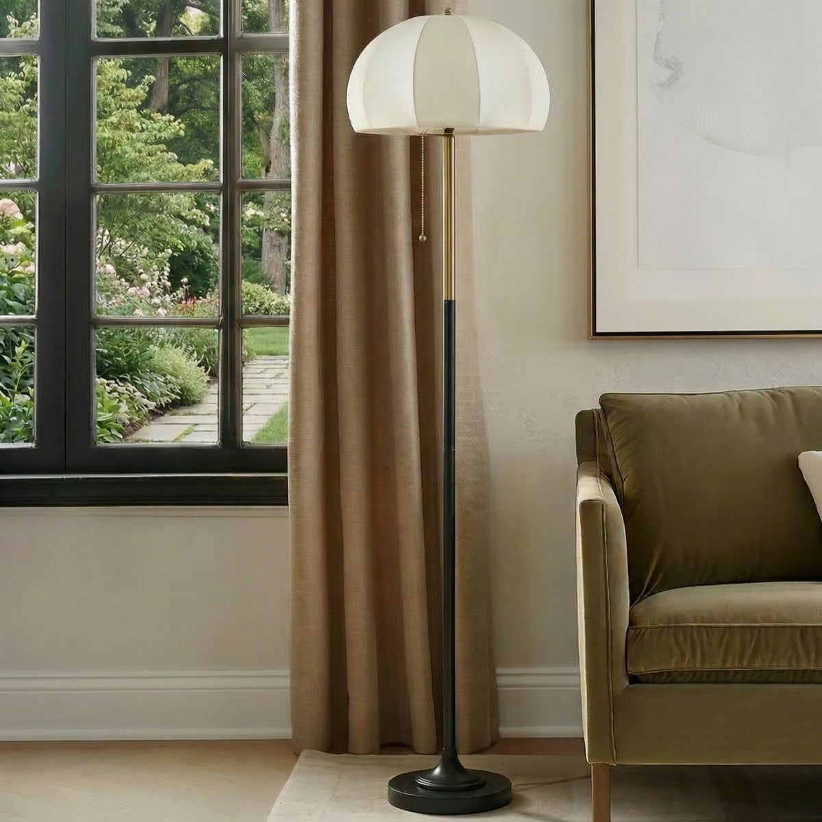 Serin - Dimmable Floor Lamp With Dome Shade - Black / Antique Gold