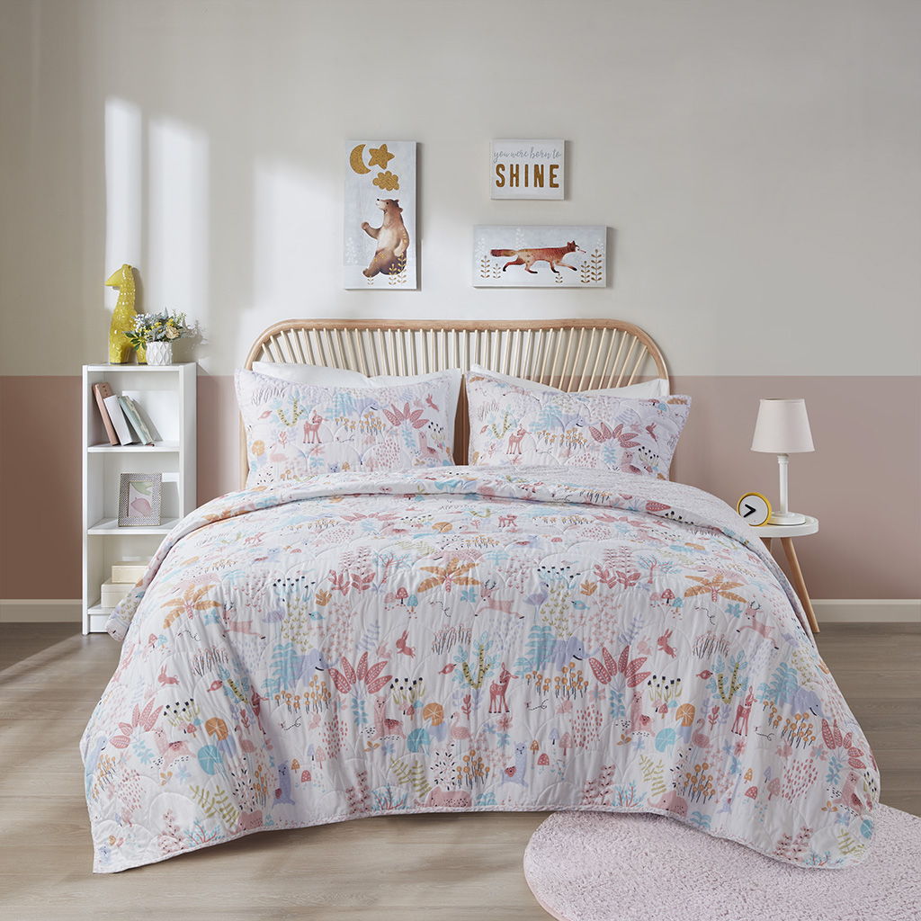 Iris - Twin Woodland Animals Reversible Cotton Quilt Set - Blush