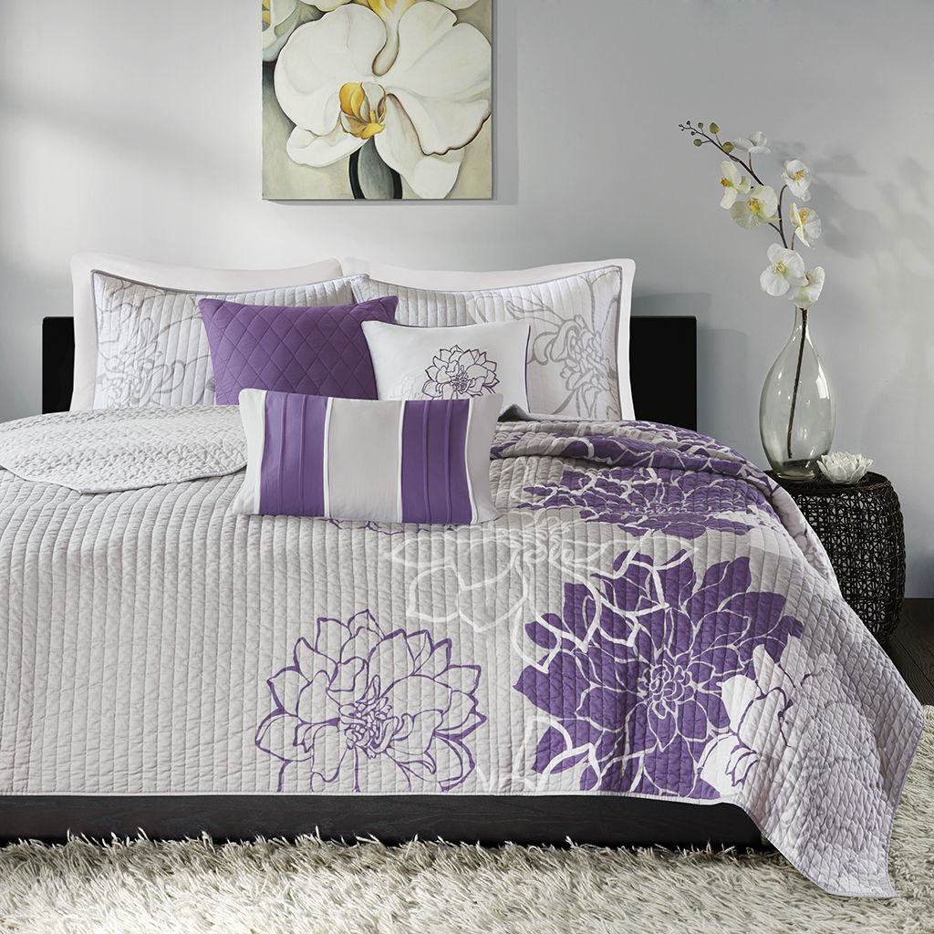 Lola - 6 Piece Reversible Printed Coverlet Set - Purple