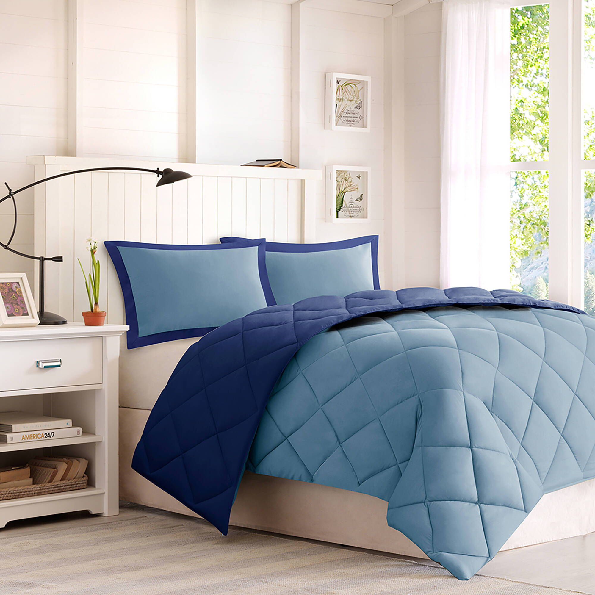 Larkspur - 3M Scotchgard Diamond Quilting Reversible Down Alternative Comforter Set - Navy / Light Blue