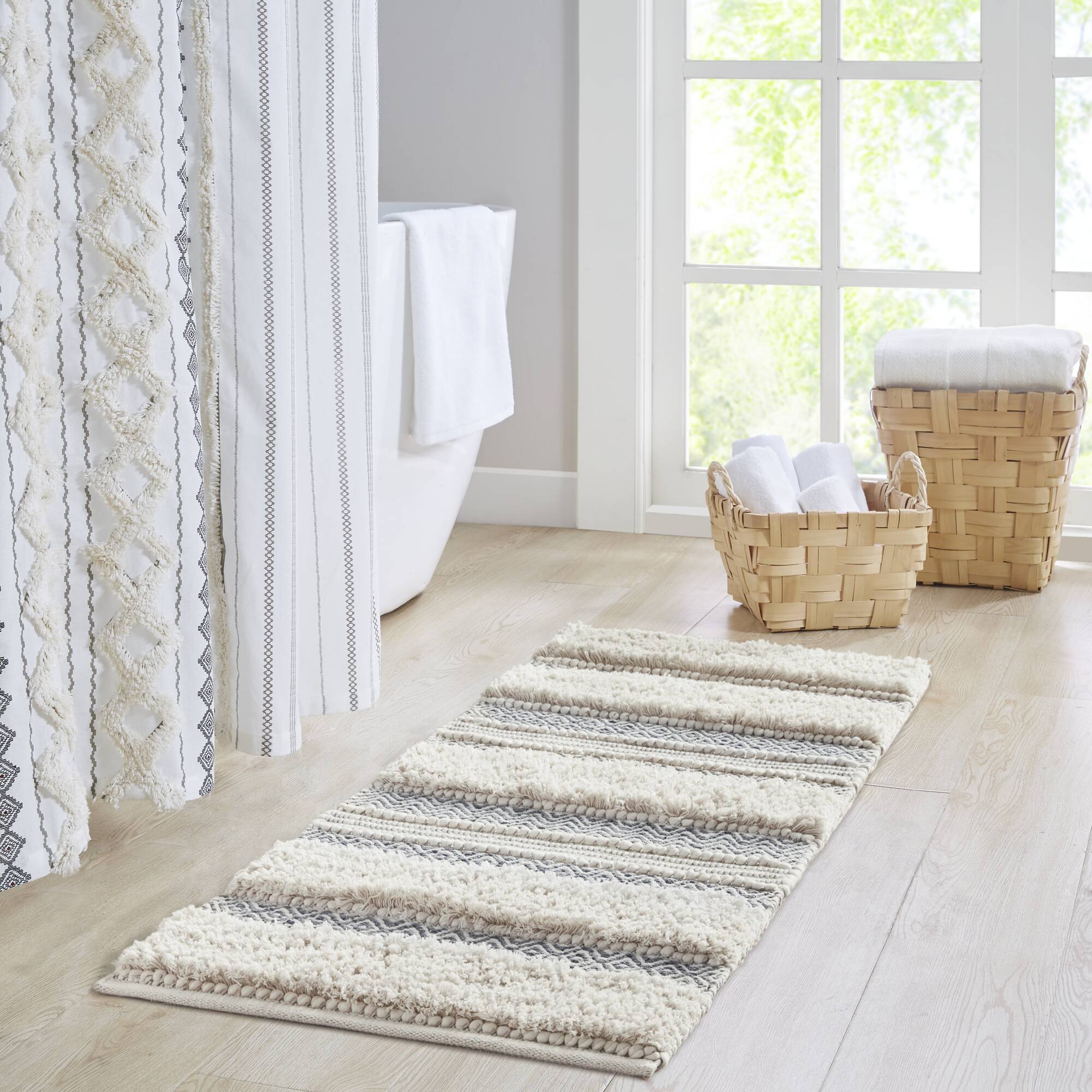 Asher - 22" x 58" Woven Texture Stripe Bath Rug - Gray