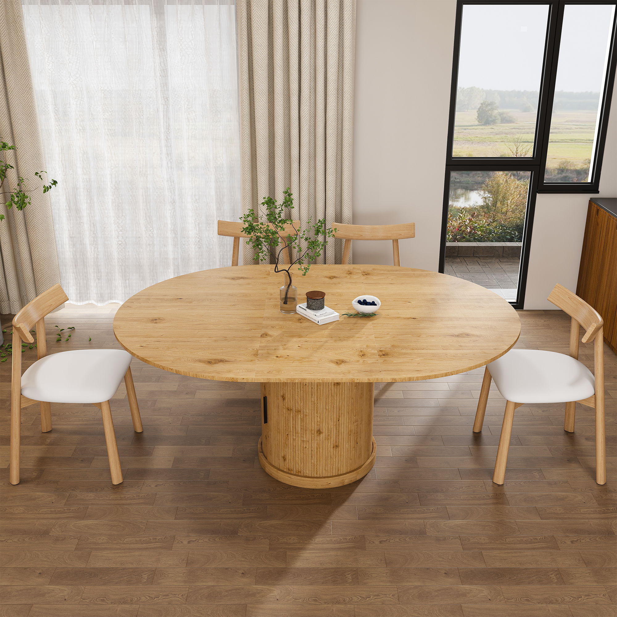 Extendable Oval Dining Table Set With 4 Cushioned Chairs, 2 Tier Storage - Oak