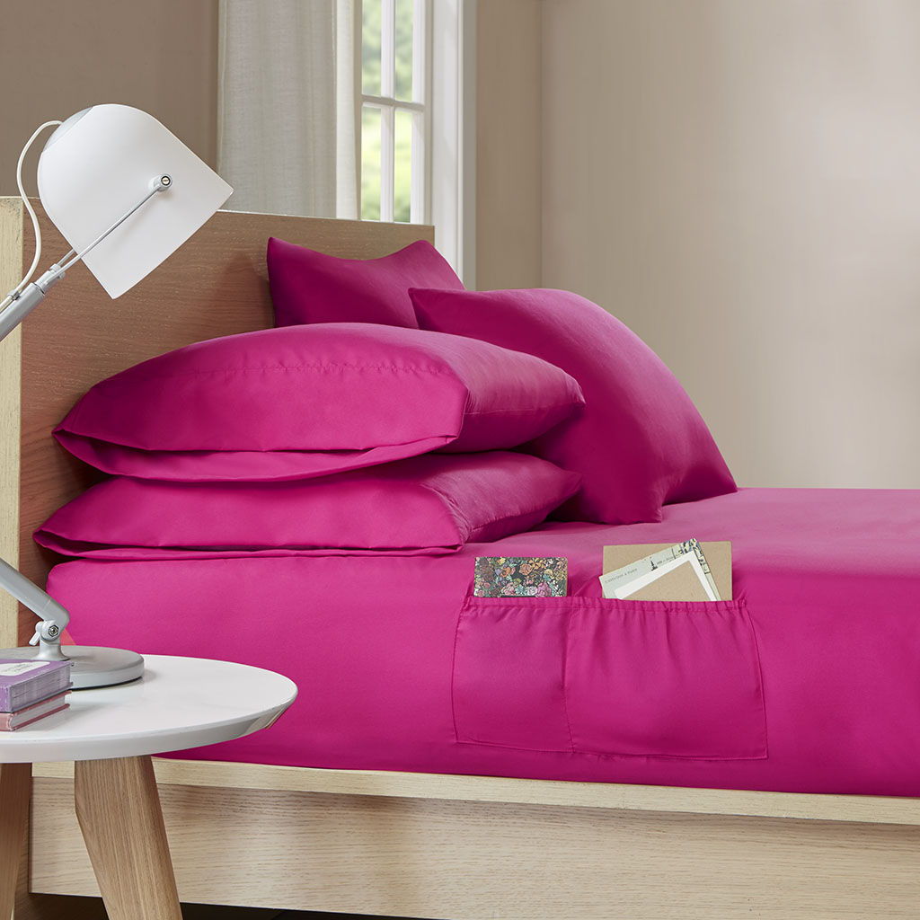 Microfiber - Twin Sheet Set With Side Storage Pockets - Pink