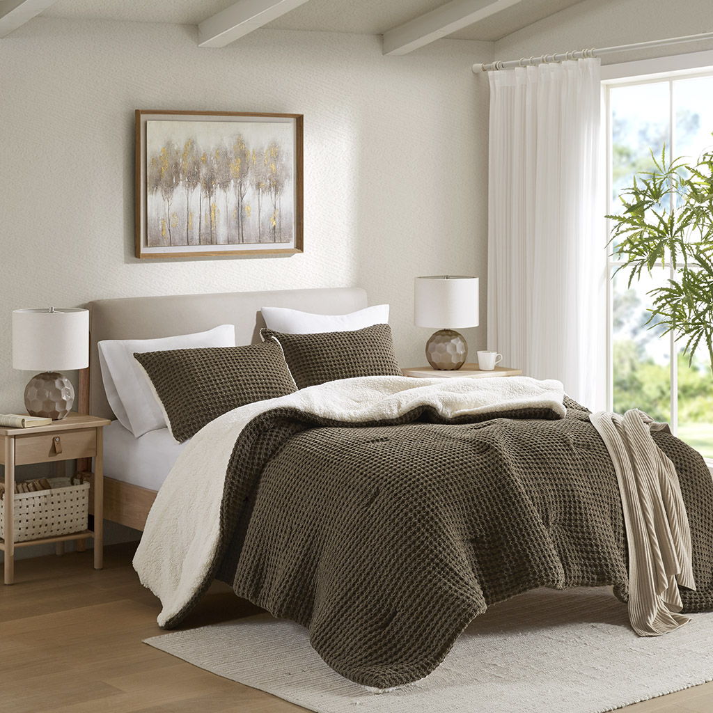 Riordan - 3 Piece Full/Queen Waffle Knit Comforter Set - Brown