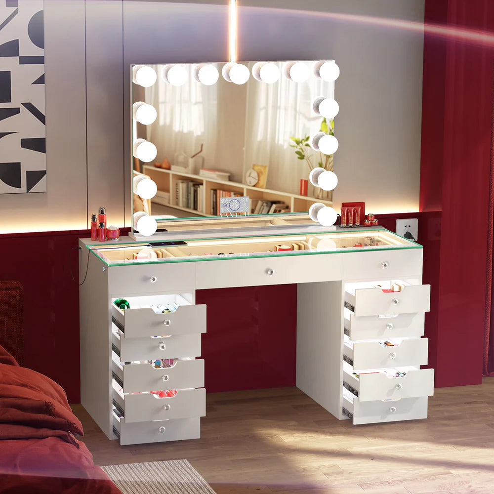 VANITII Eva Vanity Desk- White - 13 Storage Drawers