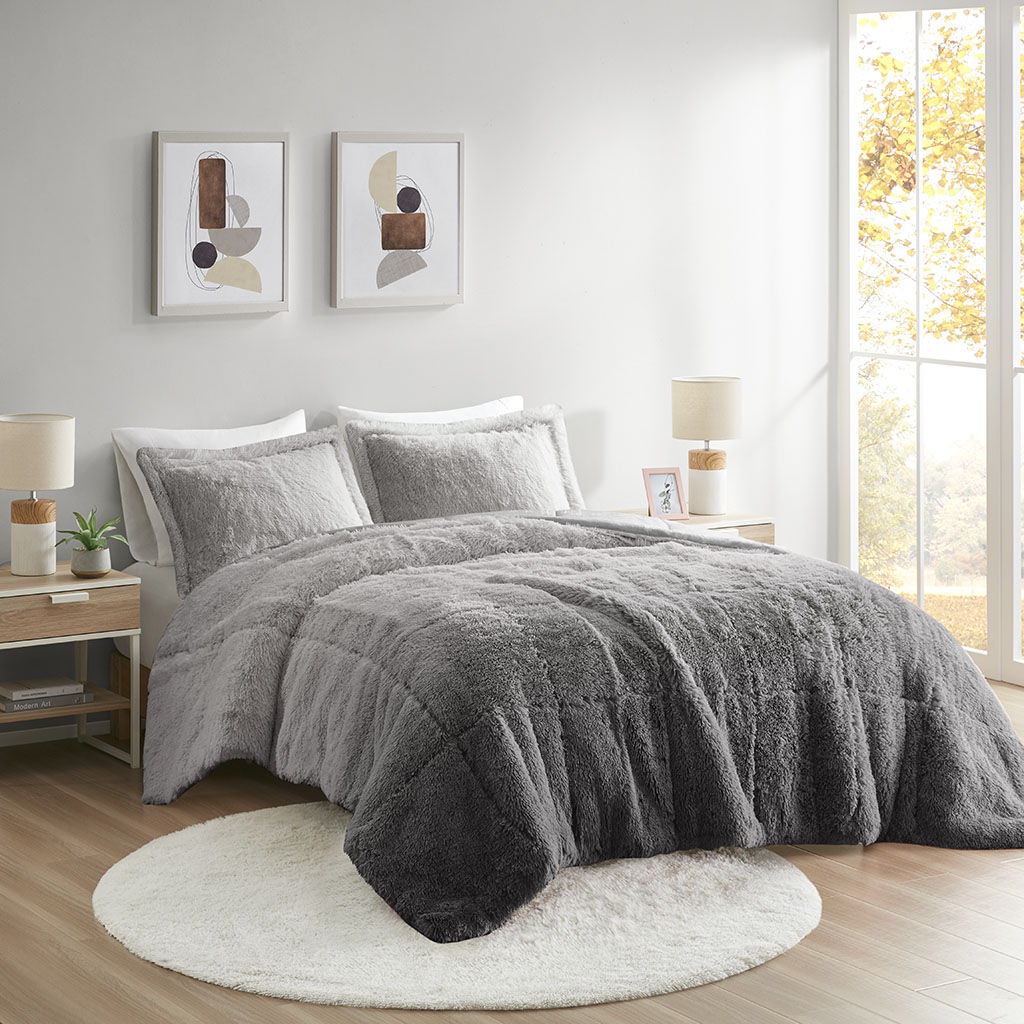 Brielle - King Ombre Shaggy Long Comforter Mini Set - Gray