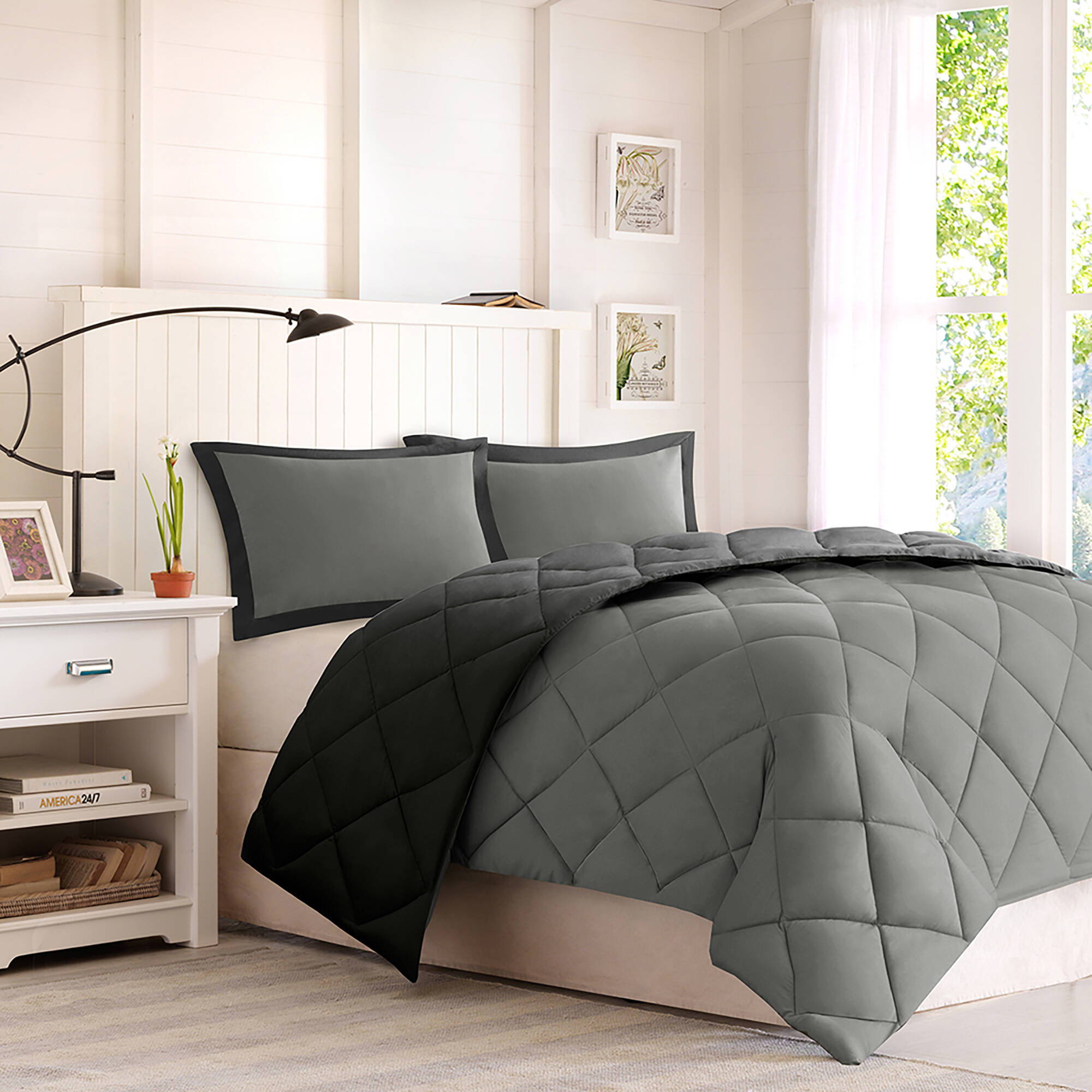 Larkspur - Twin 3M Scotchgard Diamond Quilting Reversible Down Alternative Comforter Set - Black / Gray