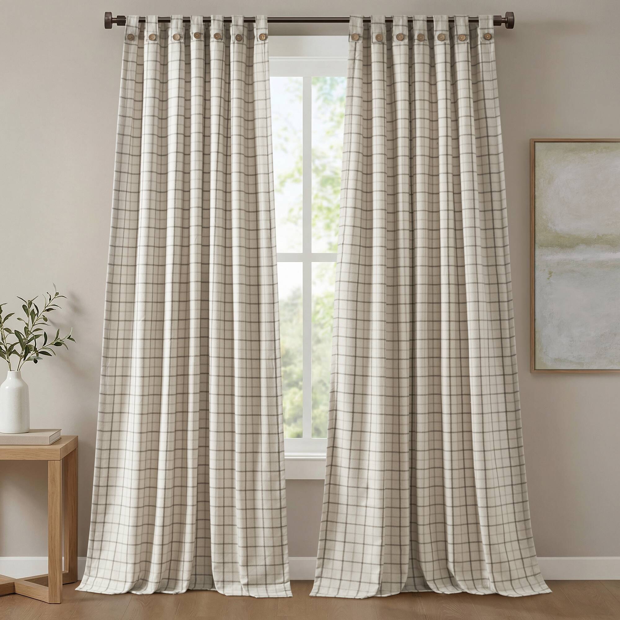 Anaheim - 50''x84" Plaid Rod Pocket And Back Tab Curtain Panel With Fleece Lining - Neutral