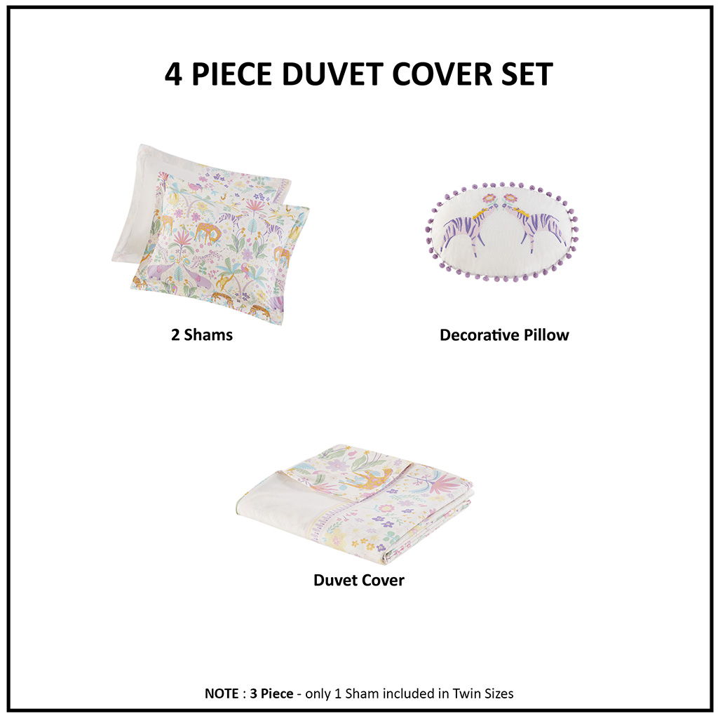 Lulu - Floral Reversible Cotton Duvet Cover Set With Throw Pillow - Purple
