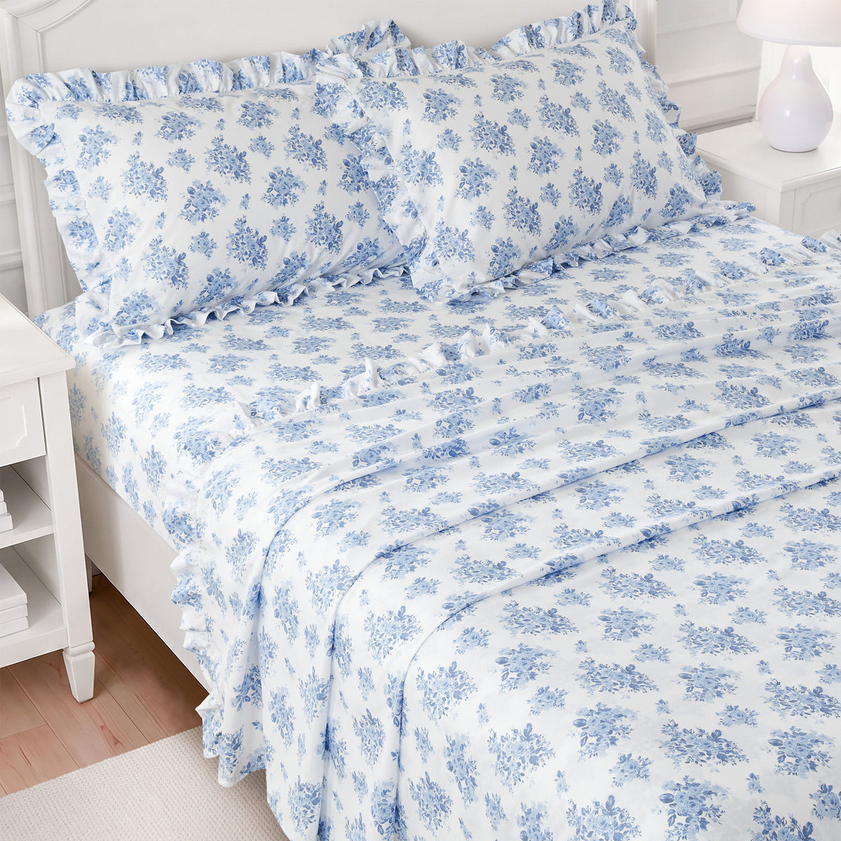 Microfiber Ruffle - Twin Long Sheets - Blue Floral
