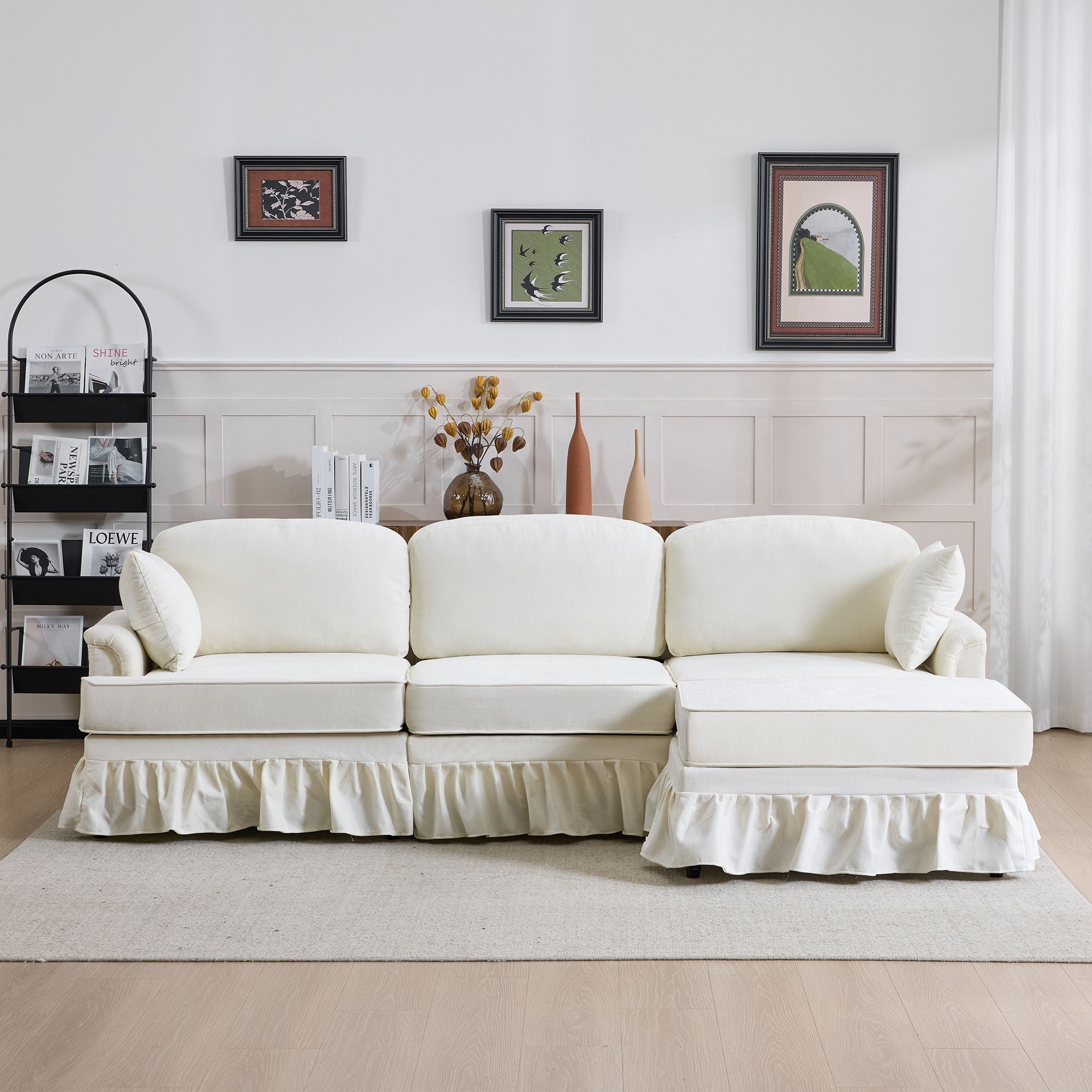 L-Shaped Sectional Sofa With Removable Ruffled Skirt, Flared Arms, Ottoman - White