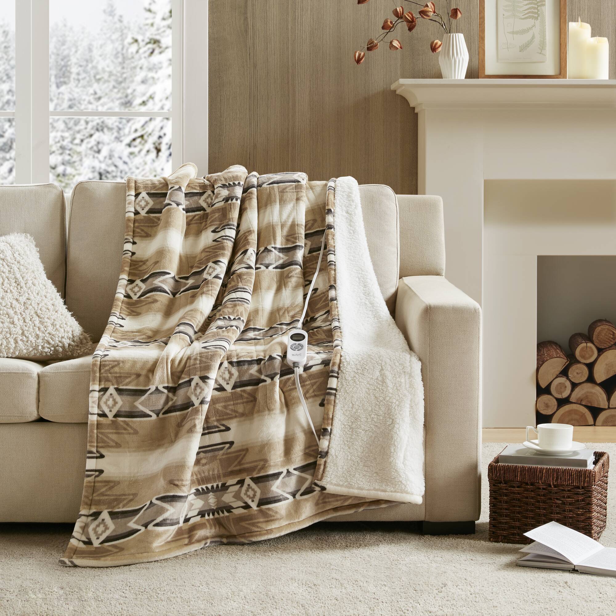 Print Plush To Sherpa - 50X60" Heated Throw - Aztec