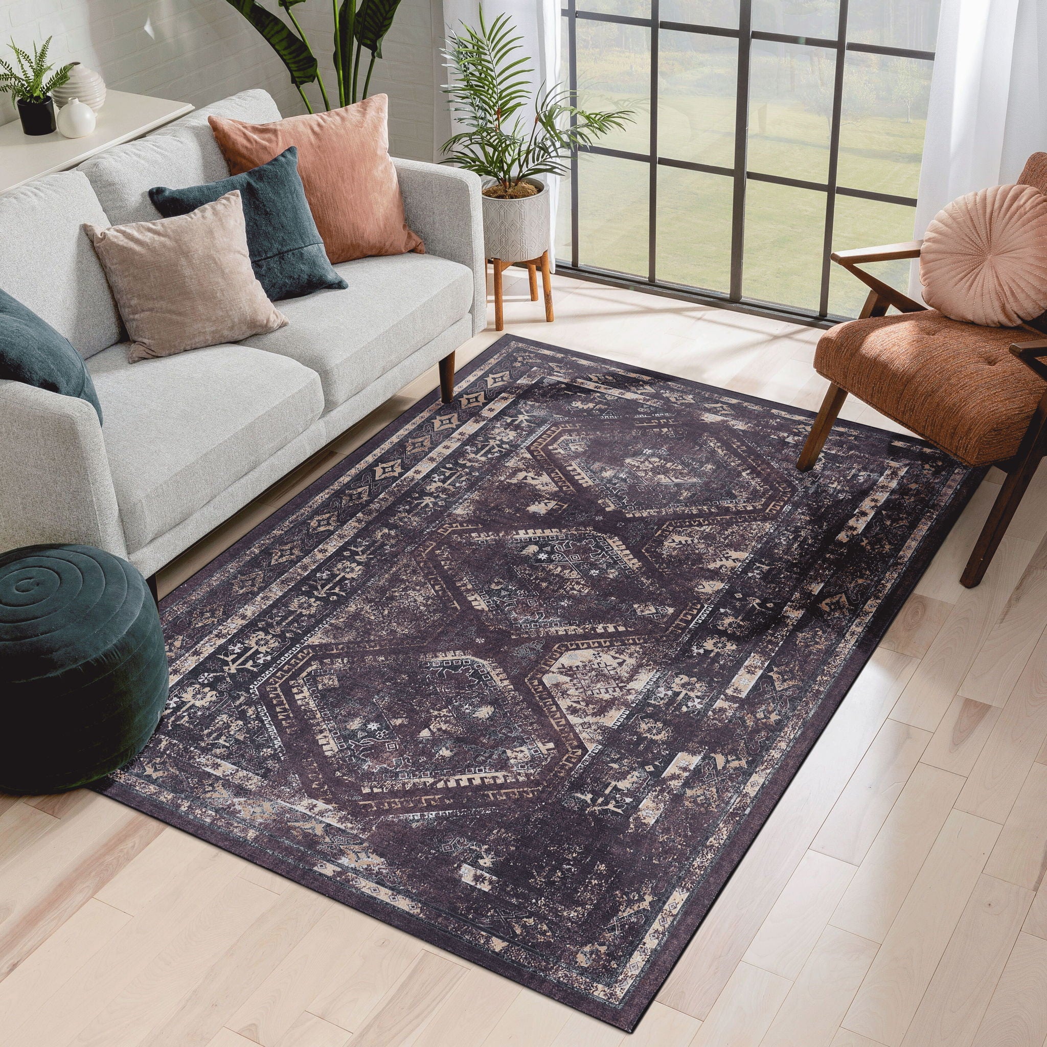 Maval - 5' X 8' Washable Area Rug - Black / Burgundy