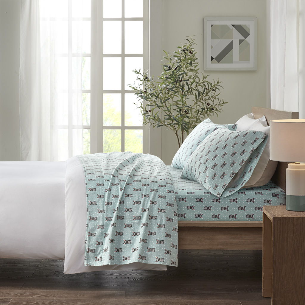 Cozy Flannel - Queen 100% Printed Sheet Set - Aqua French Bulldog