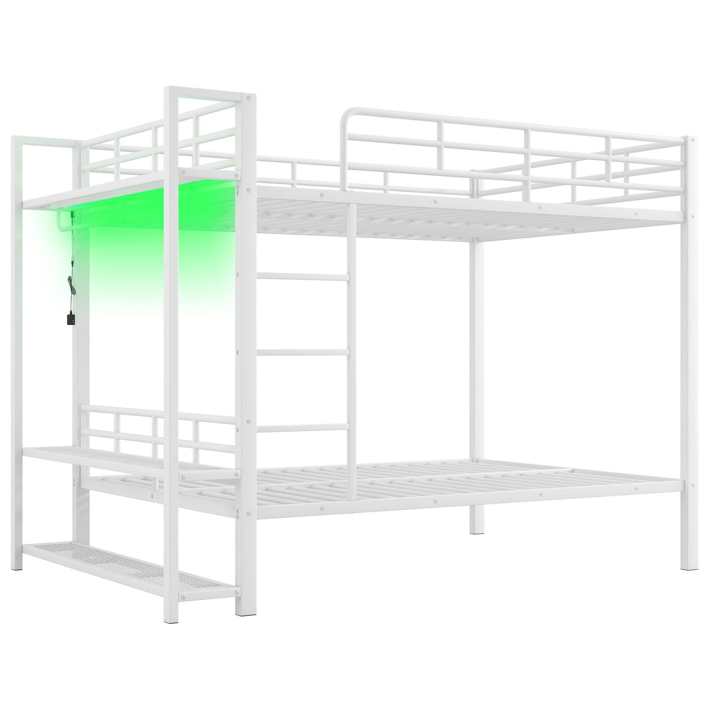 Bunk Bed With Storage Shelves, Clothes Hooks, LED Light