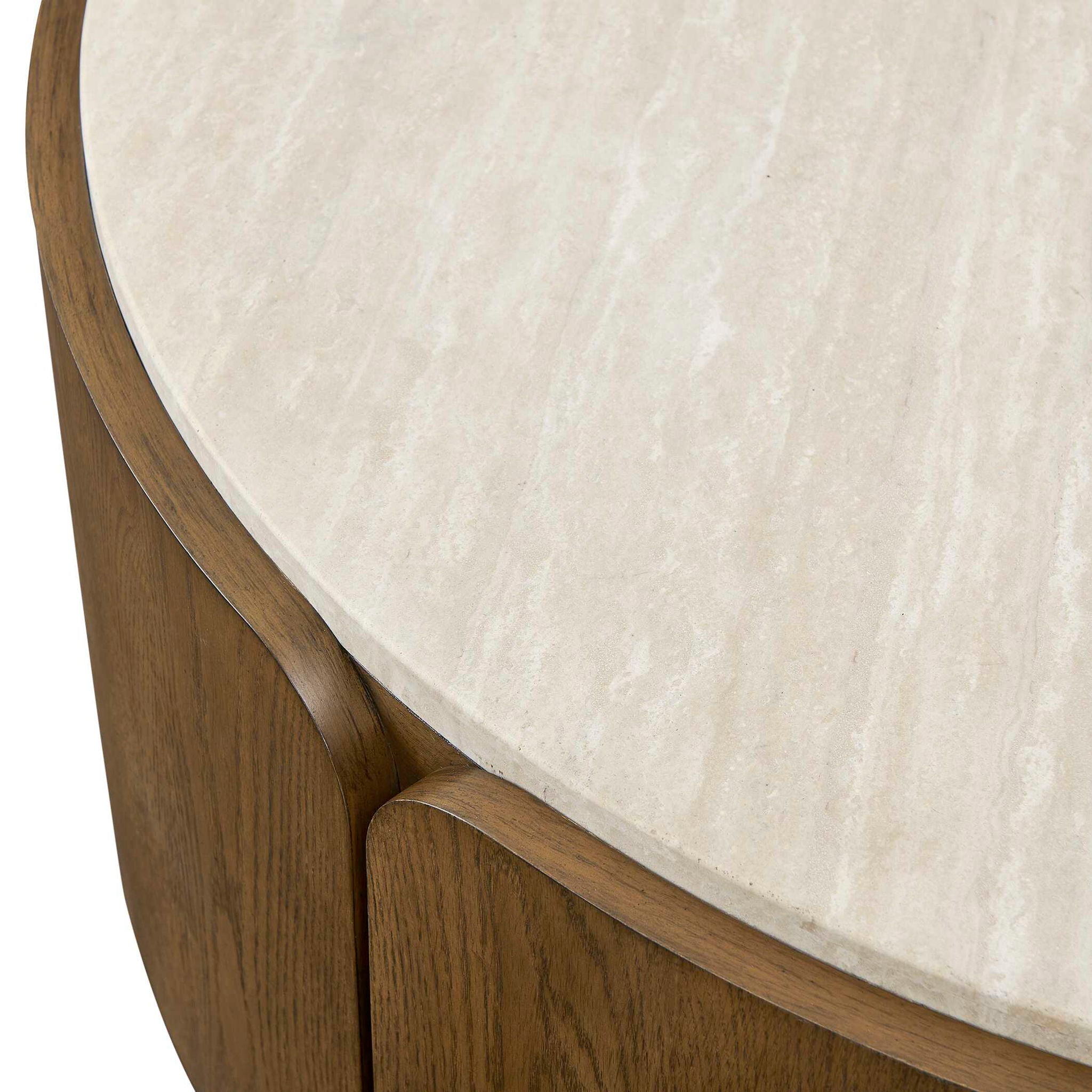 Tindall - Round Travertine Coffee Table - Brown / White / Woodtone