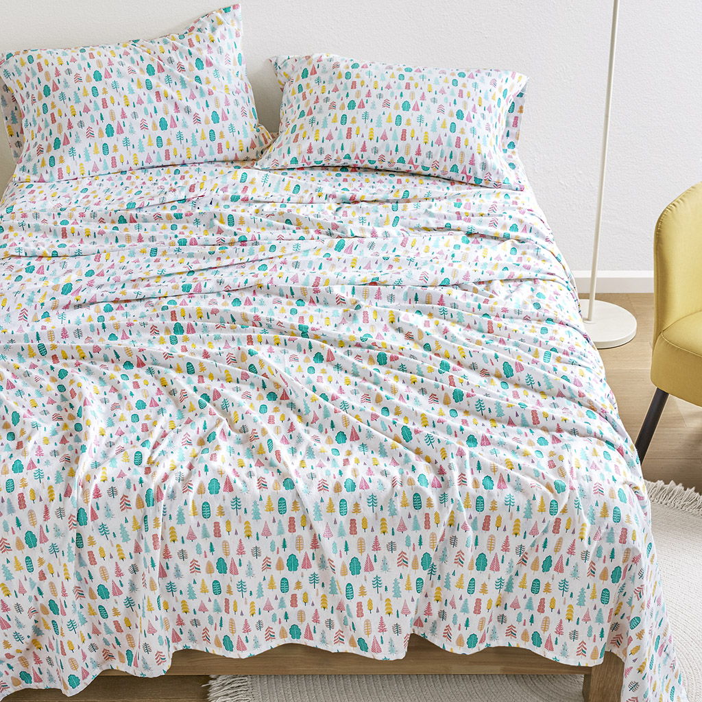 Cozy Soft - 3 Piece Twin Flannel Printed Sheet Set - White Holiday Trees