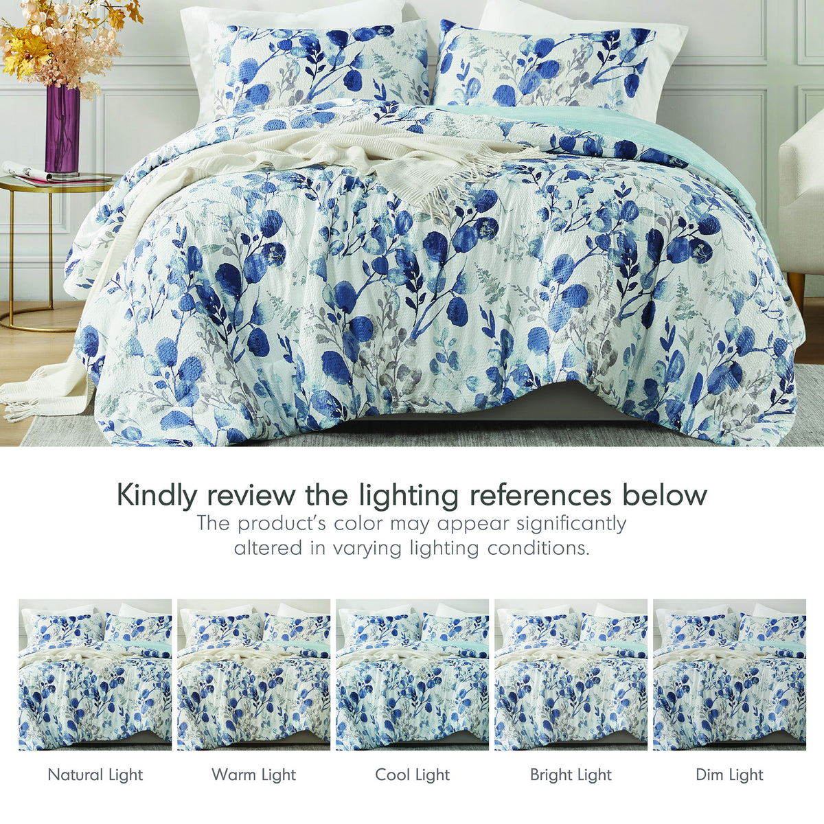 Gabby - King/California King Reversible Floral Botanical Seersucker Comforter Set - Navy/Blue
