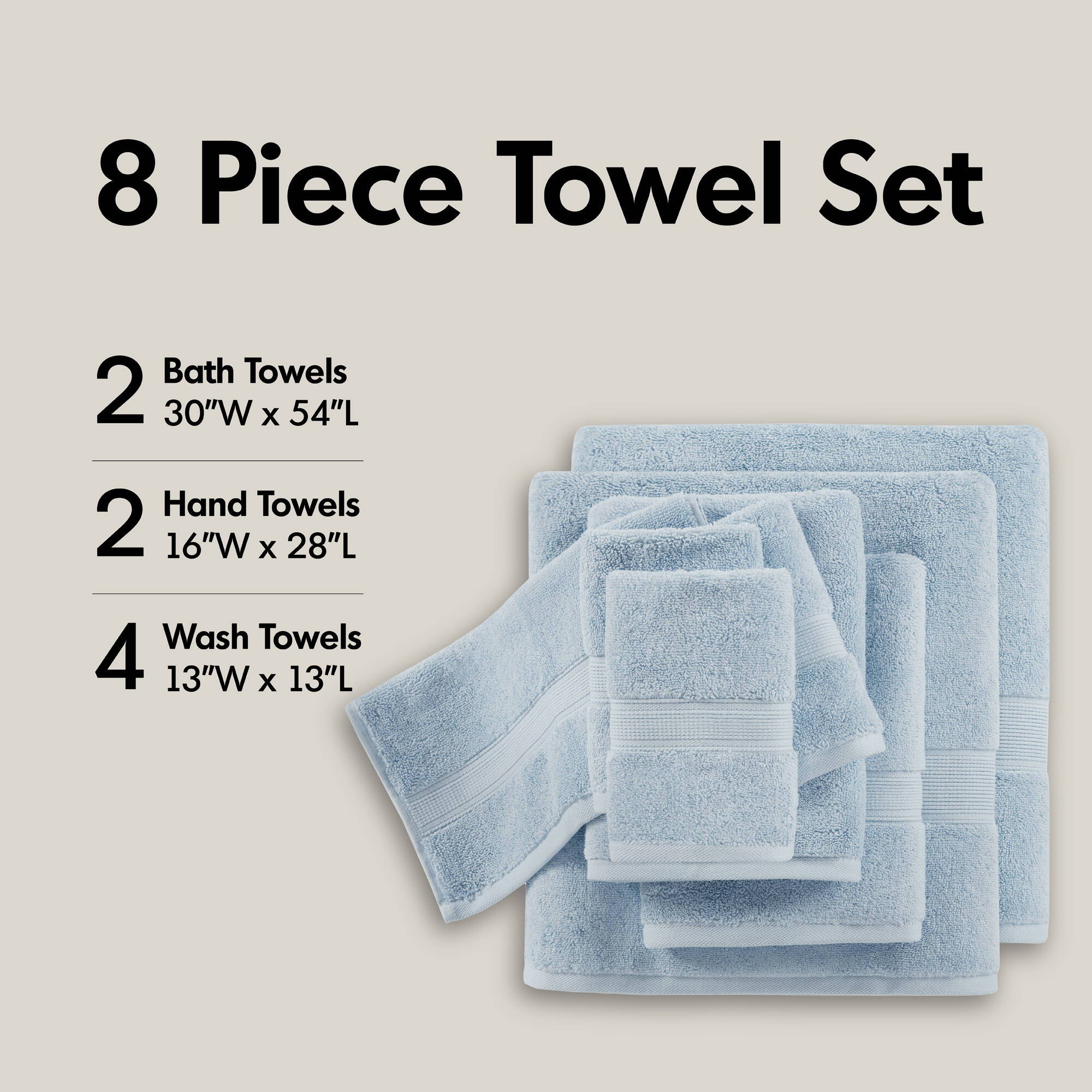 800GSM - 8 Piece Antimicrobial Towel Set - Light Blue