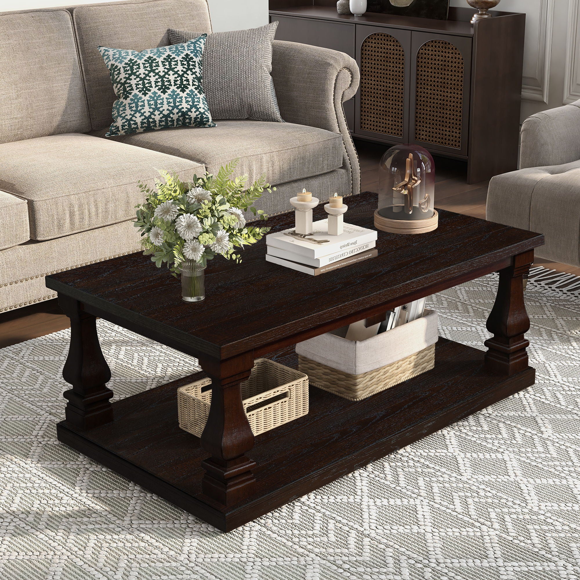 Rectangular Coffee Table With Open Storage Shelf For Living Room - Espresso