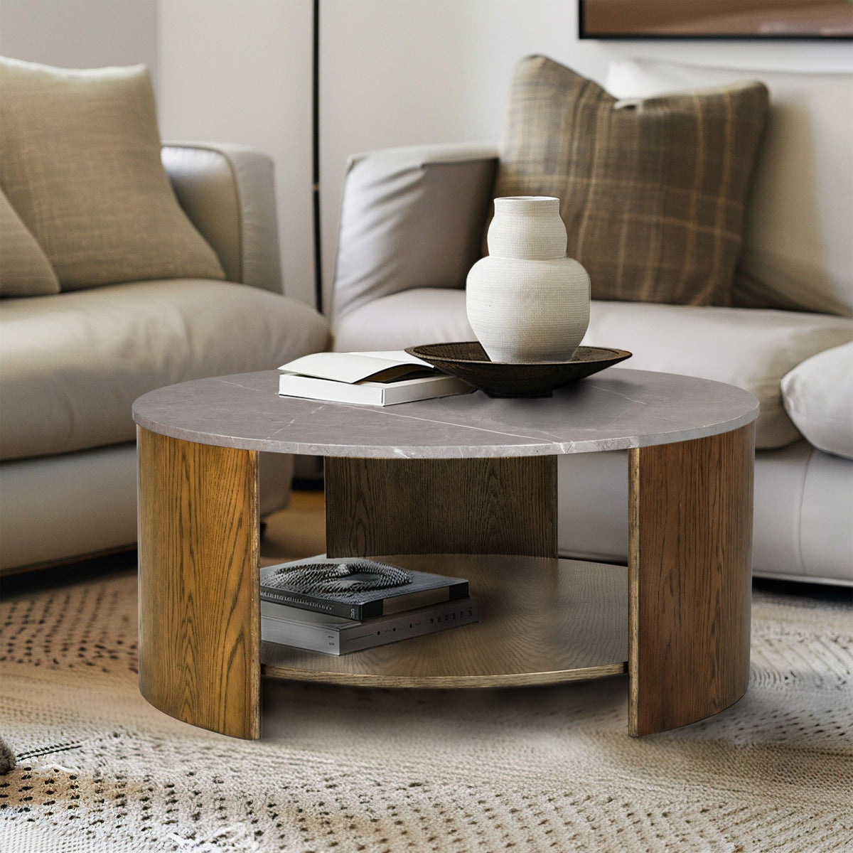 Keegan - Round Mixed Material Coffee Table With Shelf - Oak / Marble