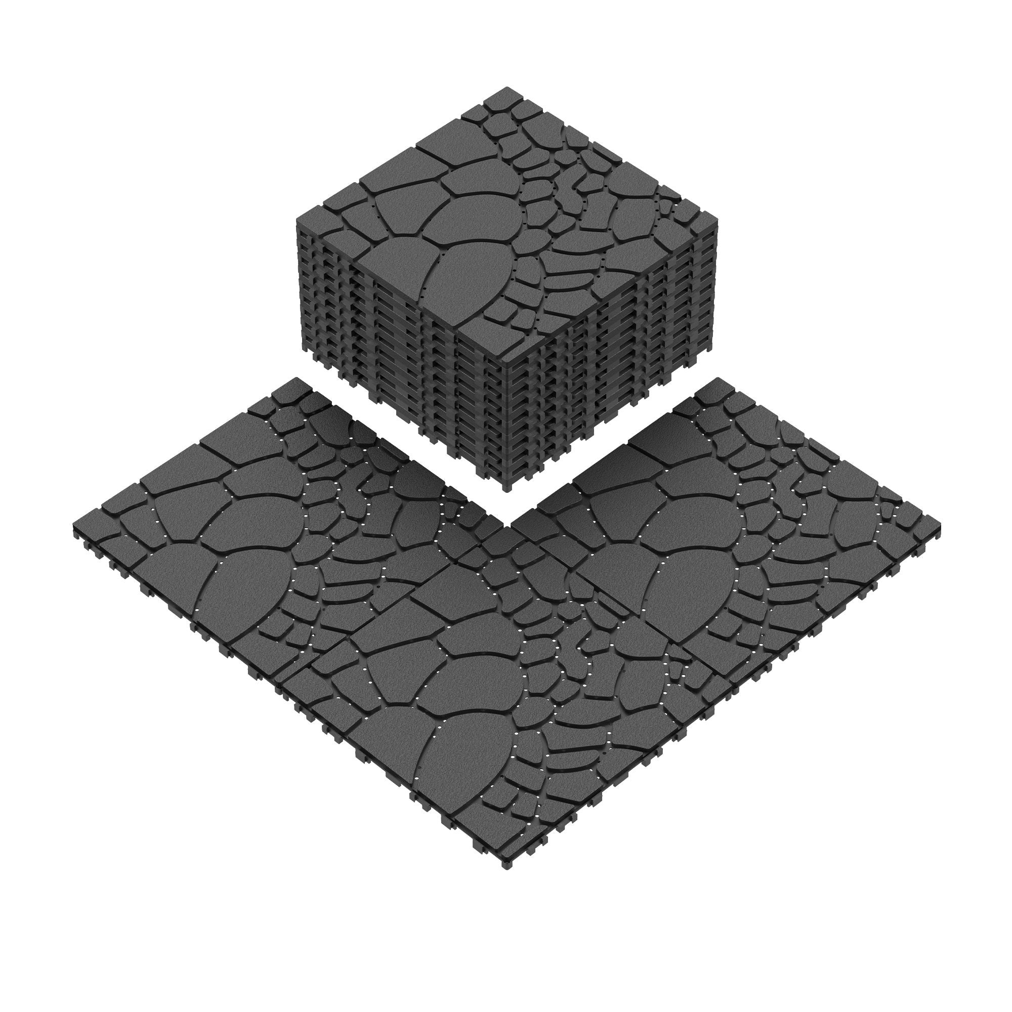 Stone Texture Patio Deck Tiles, Diy Interlocking Floor Tiles (Set of 44) - Dark Gray