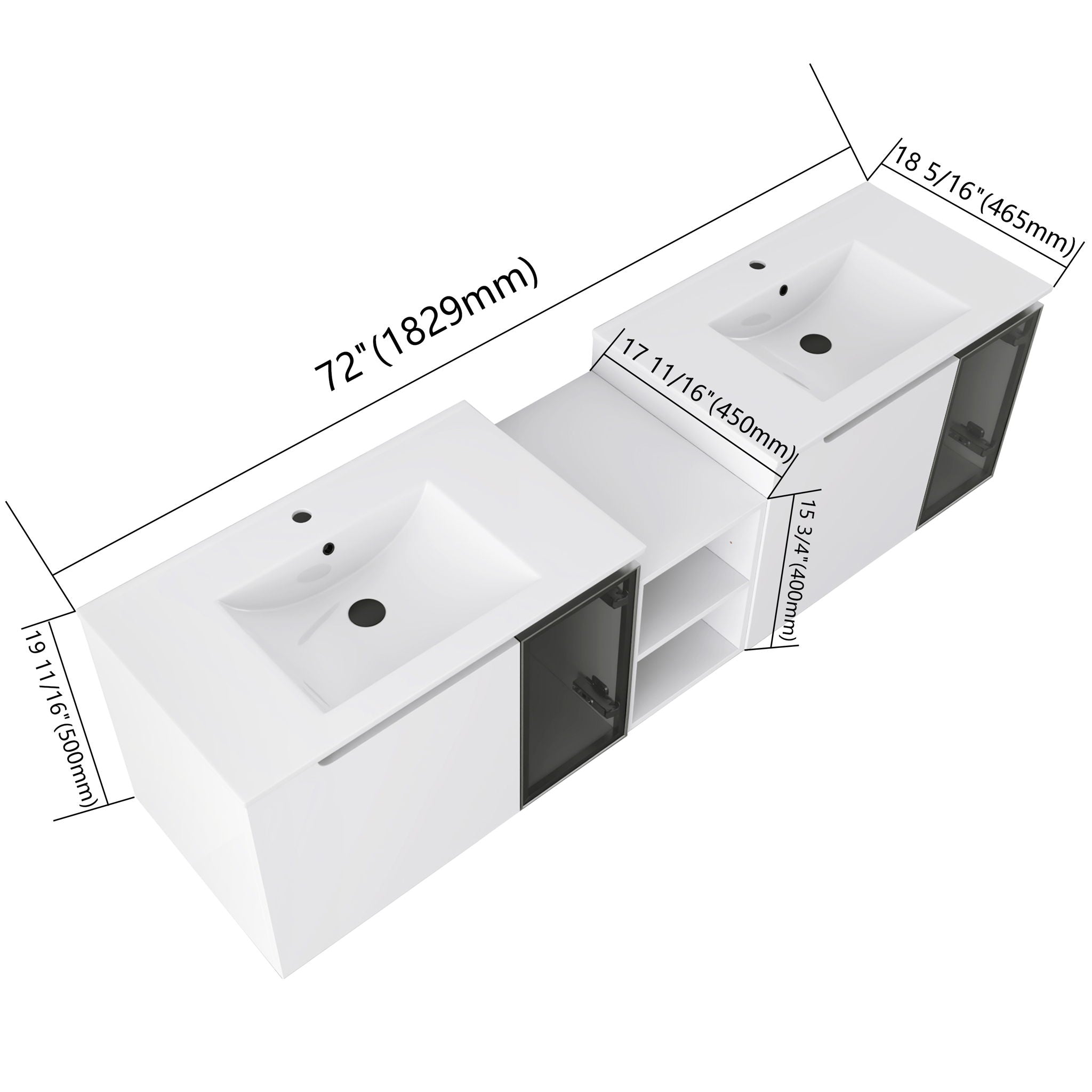Wall Mounted Bathroom Vanity With Sink, Soft Close Doors, Cabinet & Half Door