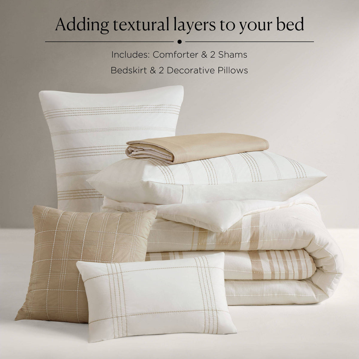 Morgan - 6 Piece Queen Cotton Jacquard Oversized Comforter Set - Ivory / Taupe