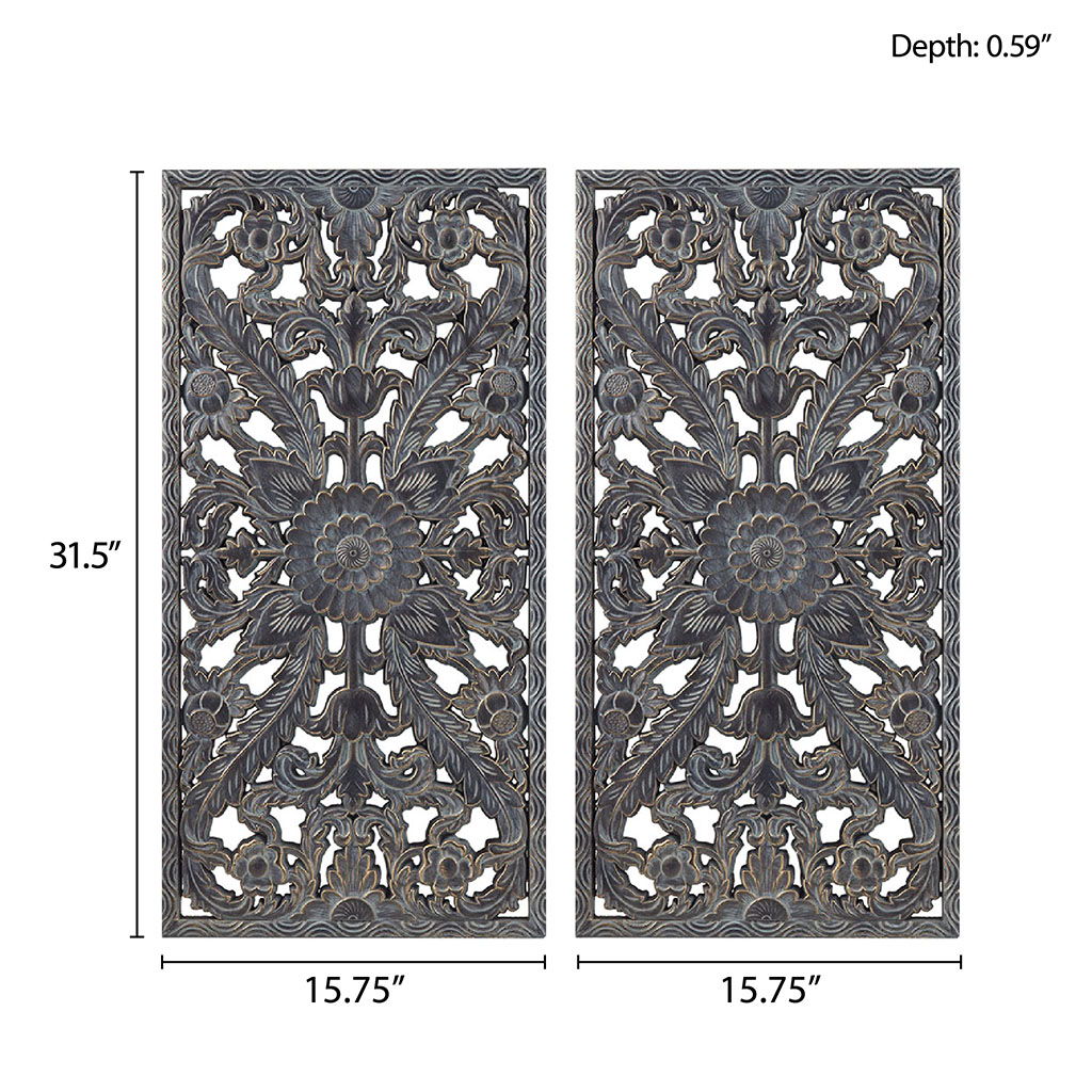 Botanical Panel - Carved Wall Decor (Set of 2) - Antique Blue