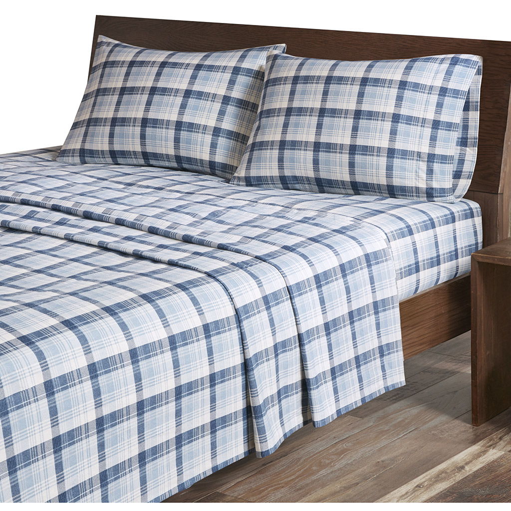 Flannel - Queen Sheet Set Cotton - Blue Plaid