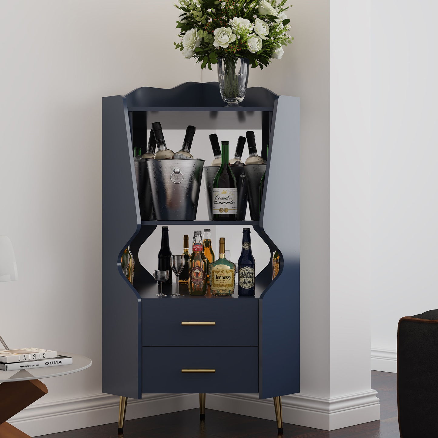 Corner Bar Cabinet With Mirrored Back, 2 Open Shelves & 2 Drawers, High Legs For Easy Cleaning