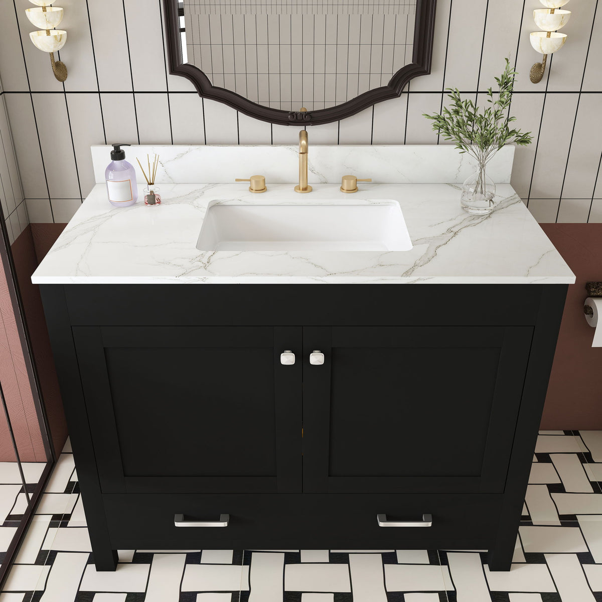 Bathroom Vanity Set, Fluted Cabinet, Soft Close Doors & Drawers, 3 Faucet Holes, Sink Included - Black