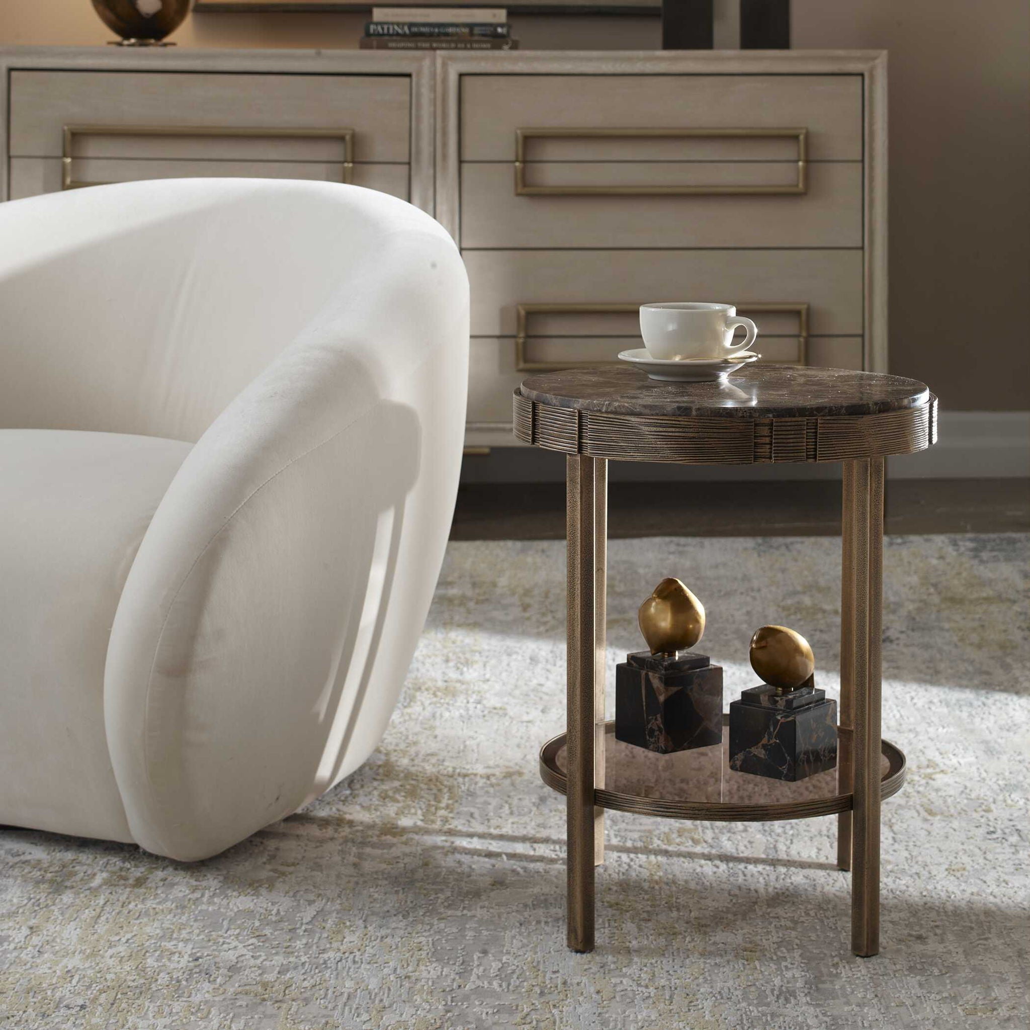 Cusano - Round Dark Marble Accent Table - Brass / Brown