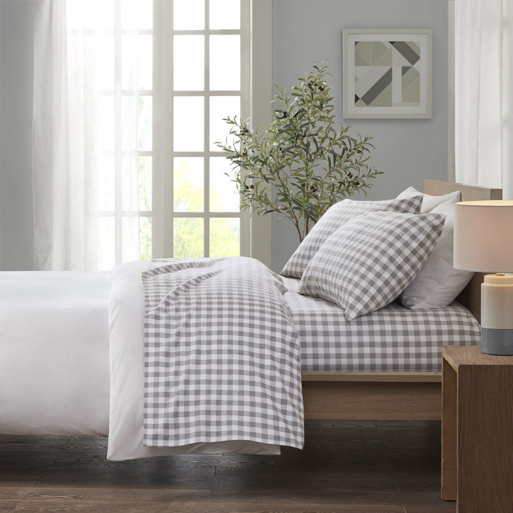 Cozy Flannel - 4 Piece King Printed Sheet Set - Gray Herringbone Check