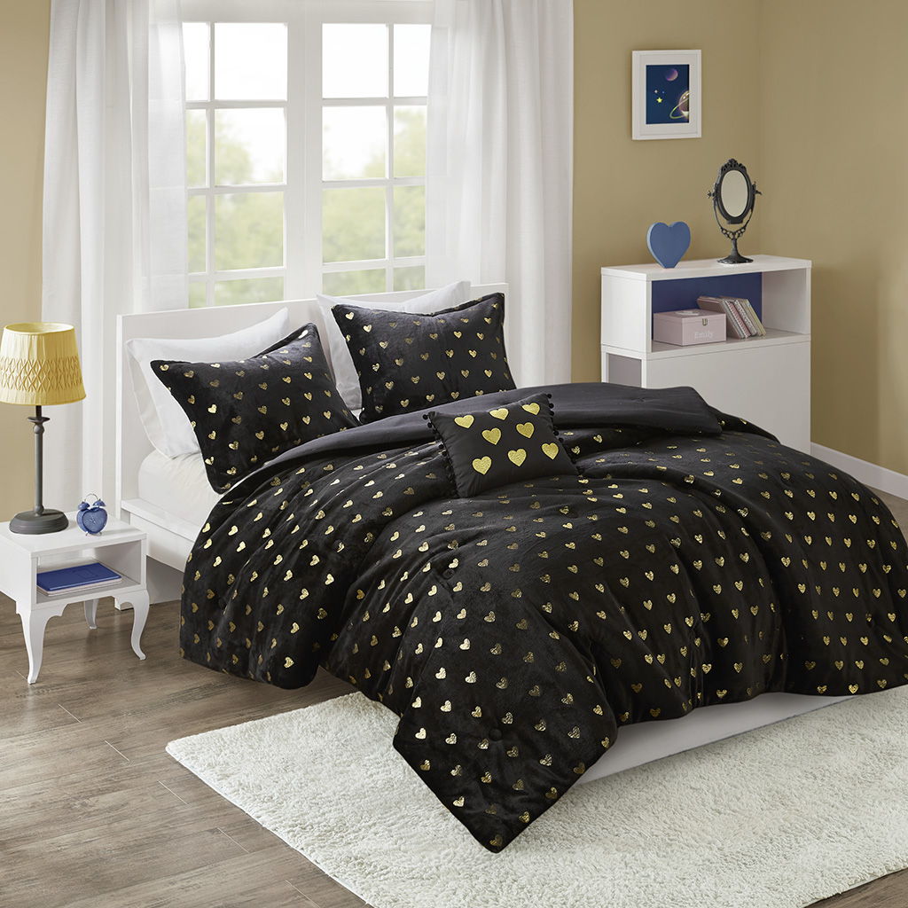 Rosalie - 3 Piece Twin/Twin Long Metallic Printed Plush Comforter Set With Throw Pillow - Black/Gold