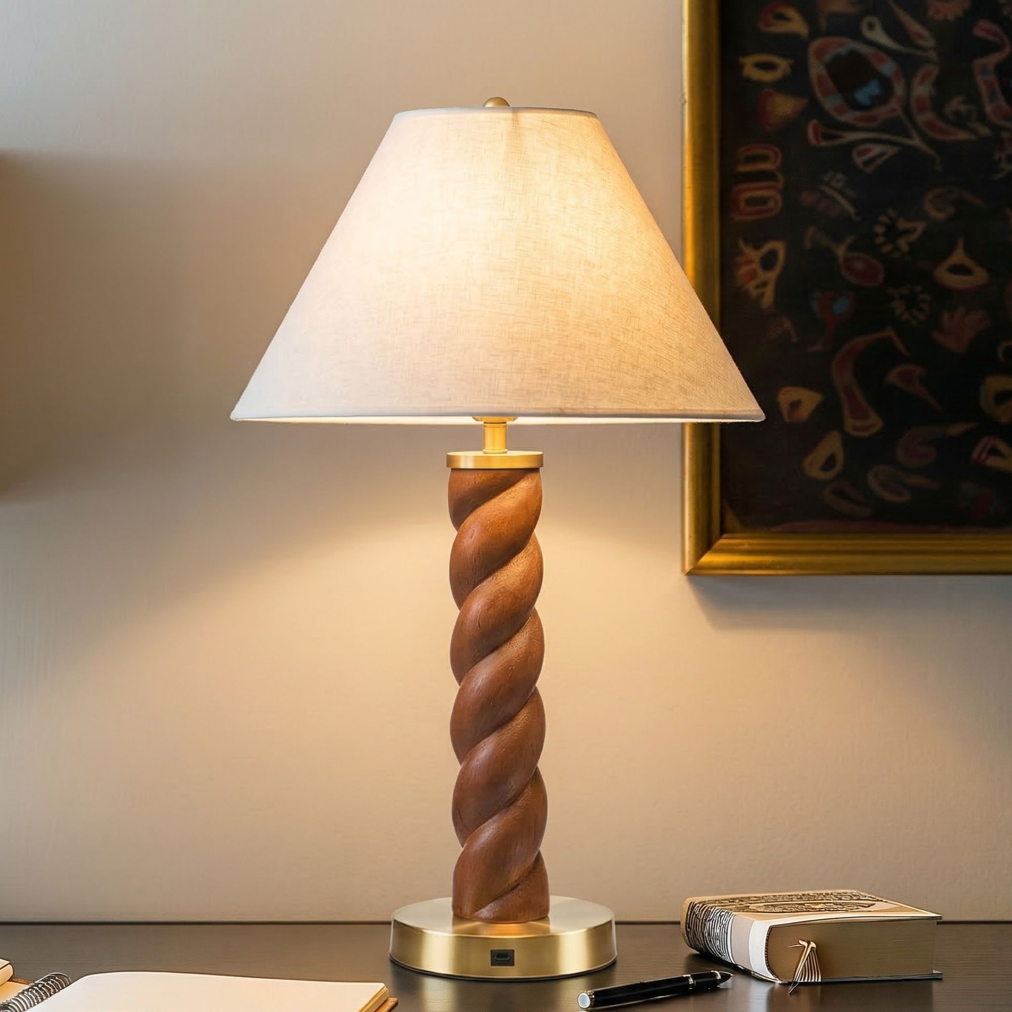 Helixia - Twisted Faux Wood Table Lamp With USP C Port - Brown