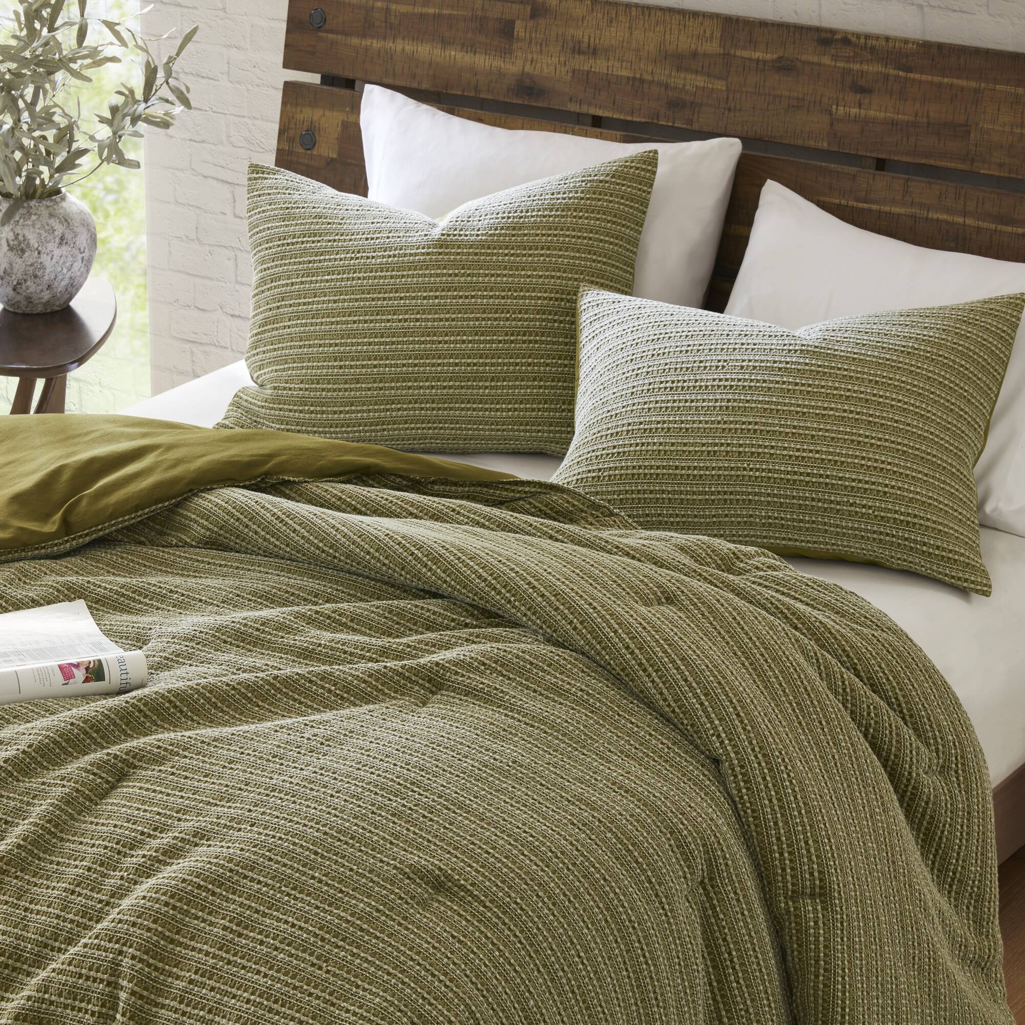 Lyon - 3 Piece Full/Queen Waffle Washed Comforter Set - Green