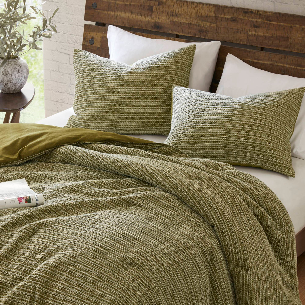 Lyon - 3 Piece King/California King Waffle Washed Comforter Set - Green