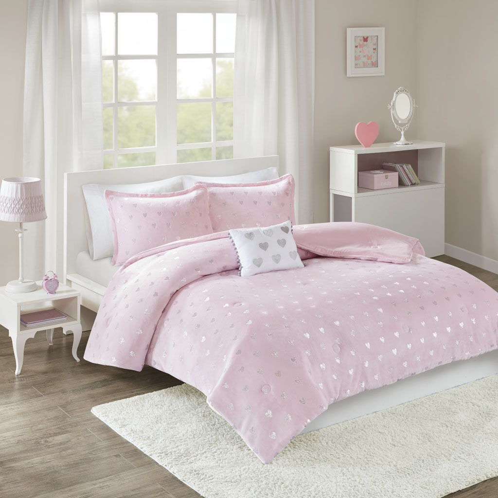 Rosalie - Twin Metallic Printed Comforter Set - Pink / Silver