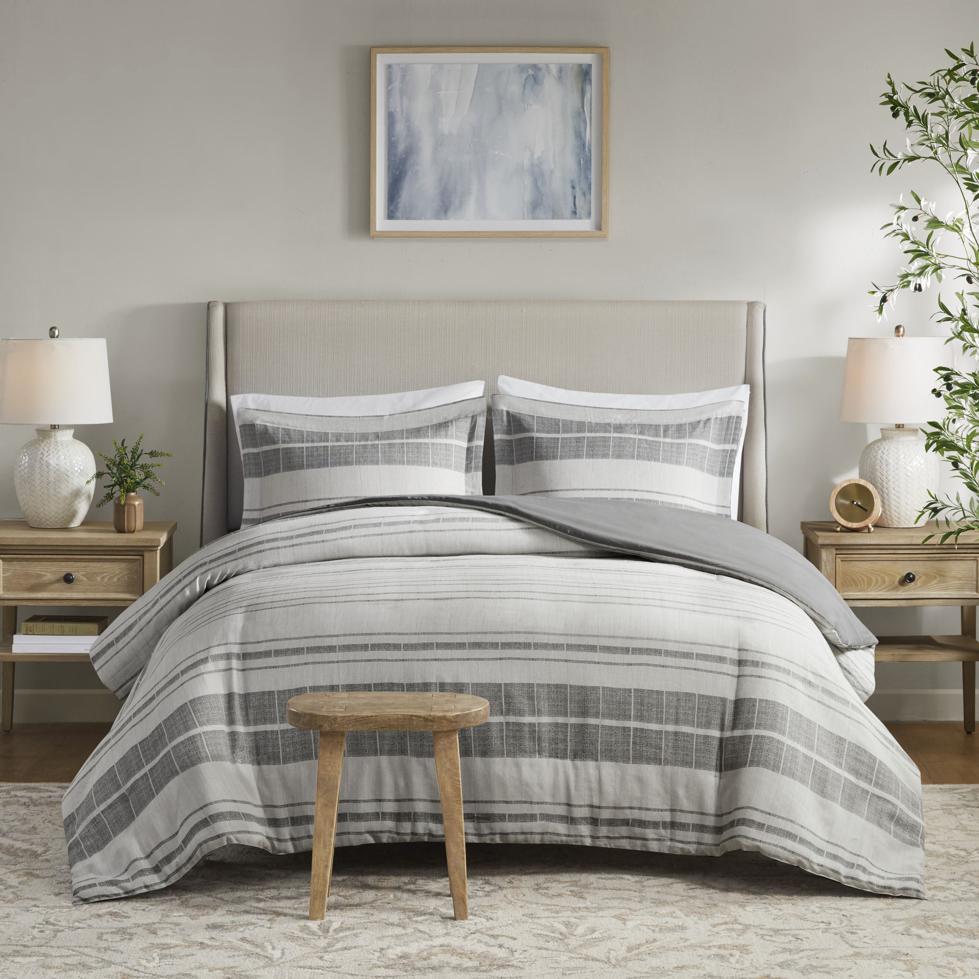 Rhodes - 3 Piece Stripe Duvet Cover Set - Gray / Multi