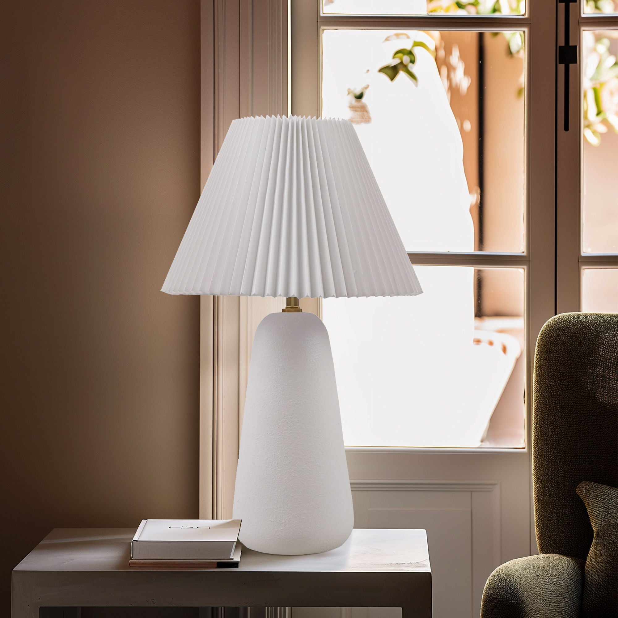 Veluna - Textured Table Lamp With Fluted Fabric Shade - White