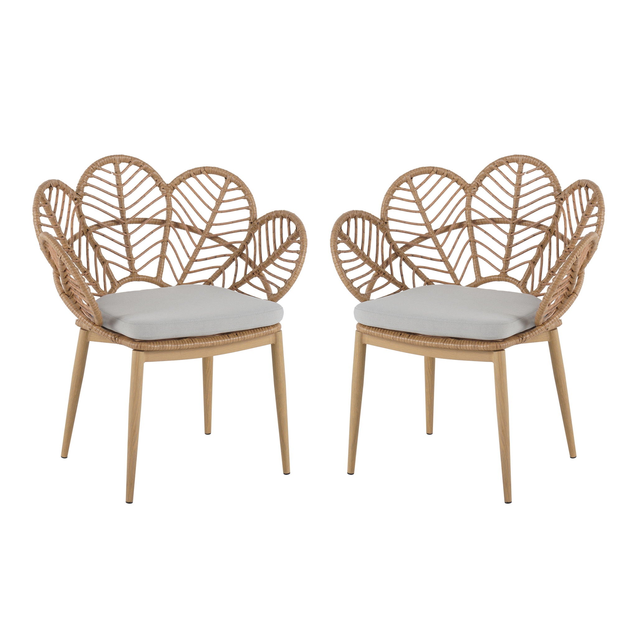 Kirk - Outdoor Wicker Peacock Shape Papasan Style Chair, Teak Finished Leg (Set of 2) - Beige / Light Brown / Light Teak