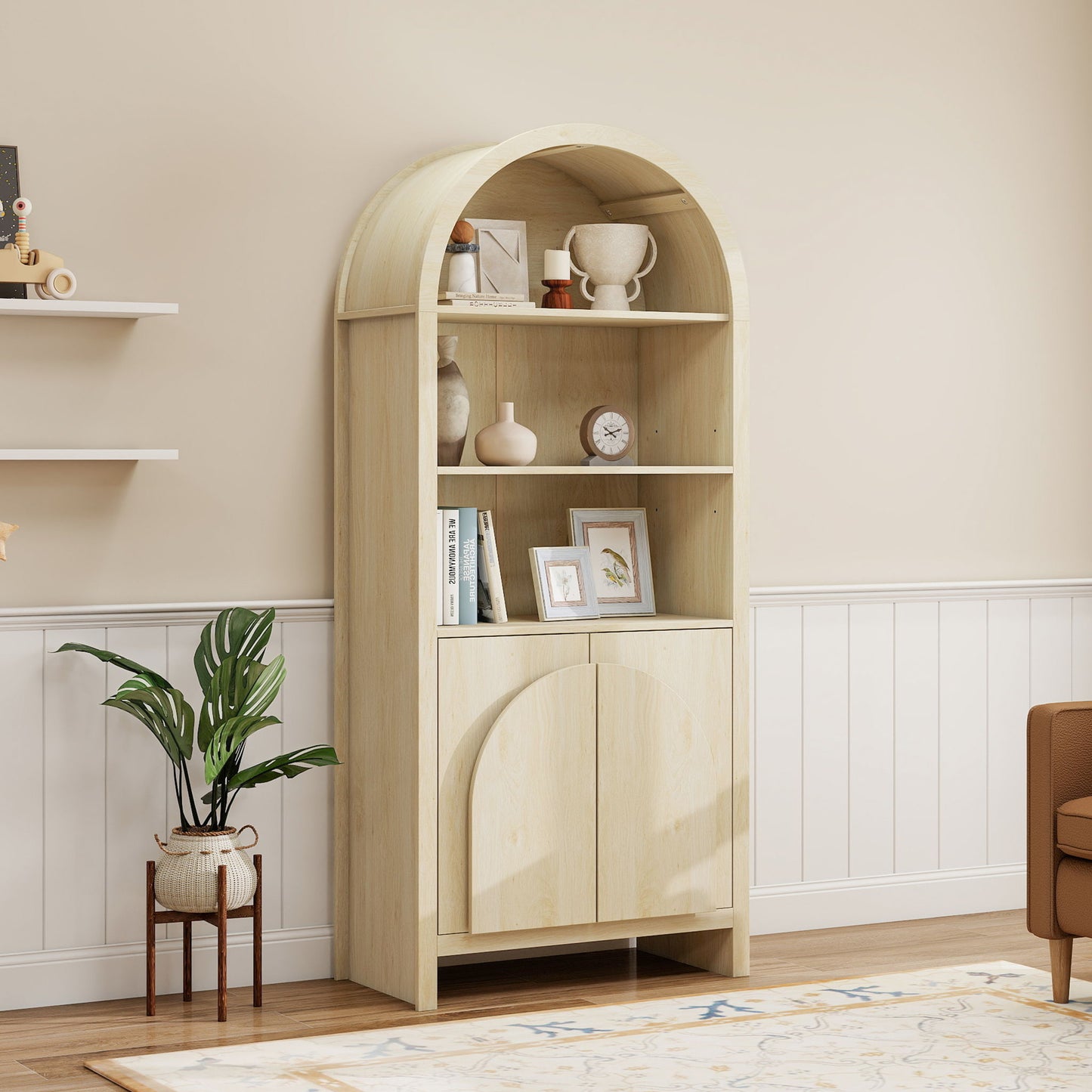 Arched Kitchen Pantry, Modern Farmhouse Wood Kitchen Storage Cabinets, Arched Storage Display Cabinet With Adjustable Shelves, Versatile Cupboard For Kitchen, Dining Room - Natural