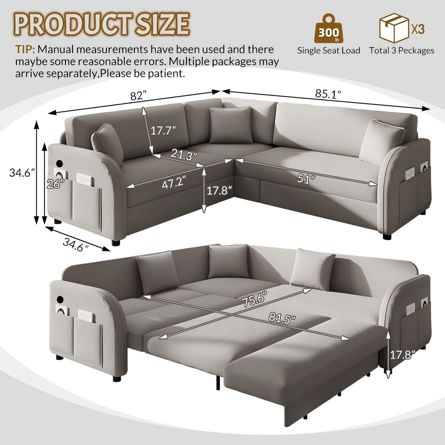 L-Shaped Couch With Pull-Out Bed, Oversize Convertible Sleeper Sofa With Side Pocket & USB Port