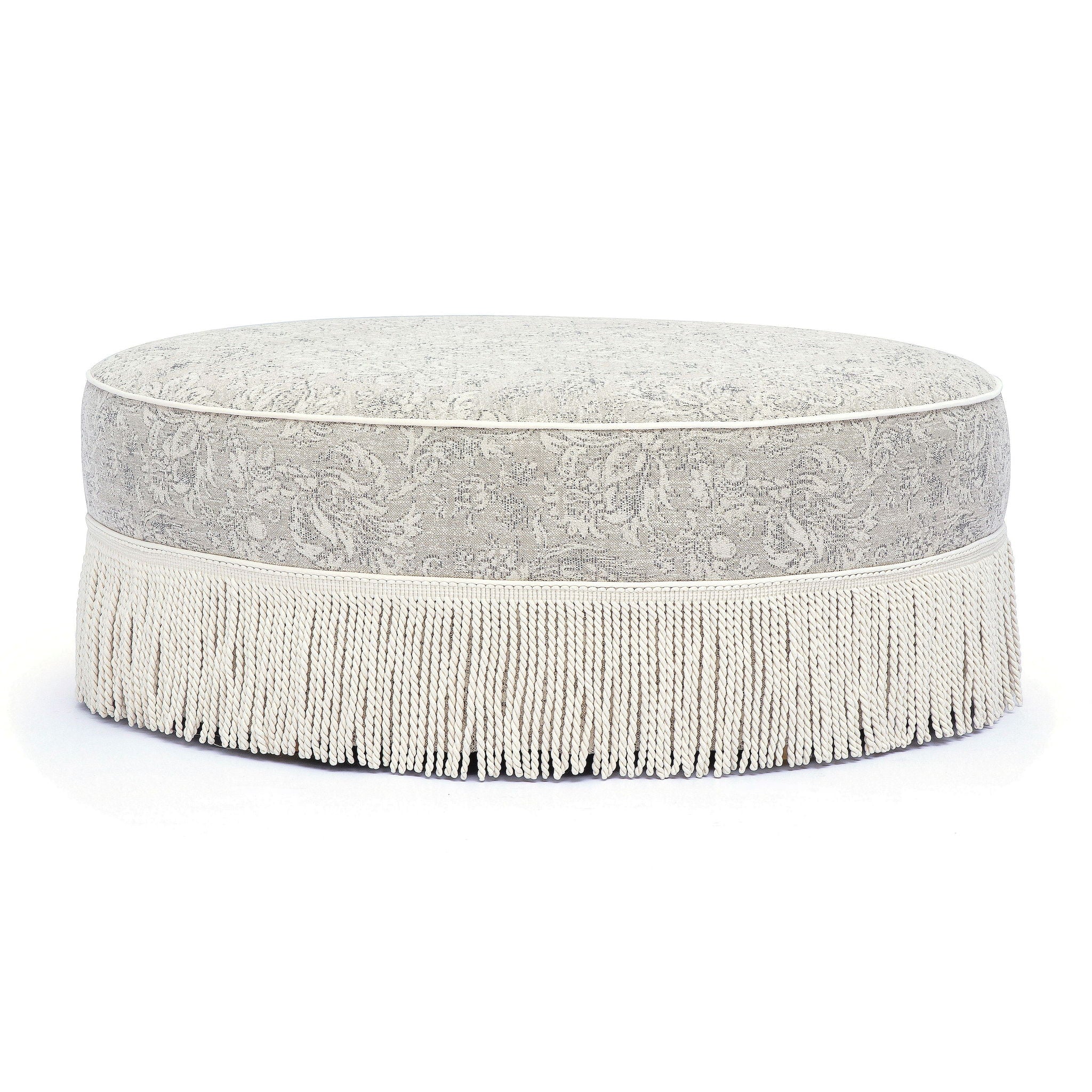 Tassy - Floral Tasseled Round Ottoman - Neutral