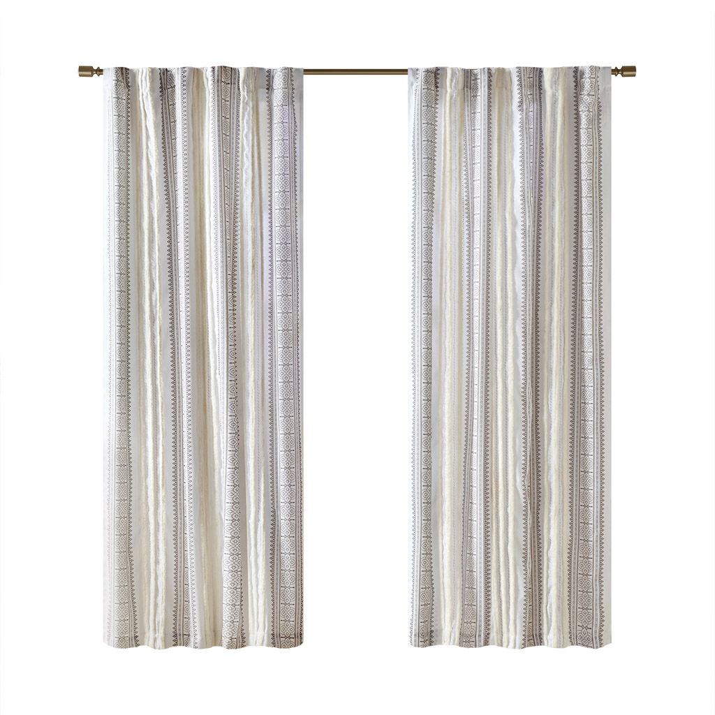 Samara - 50x84" Poly Printed Curtain Panel With Tufted Stripe And Lining - White / Brown