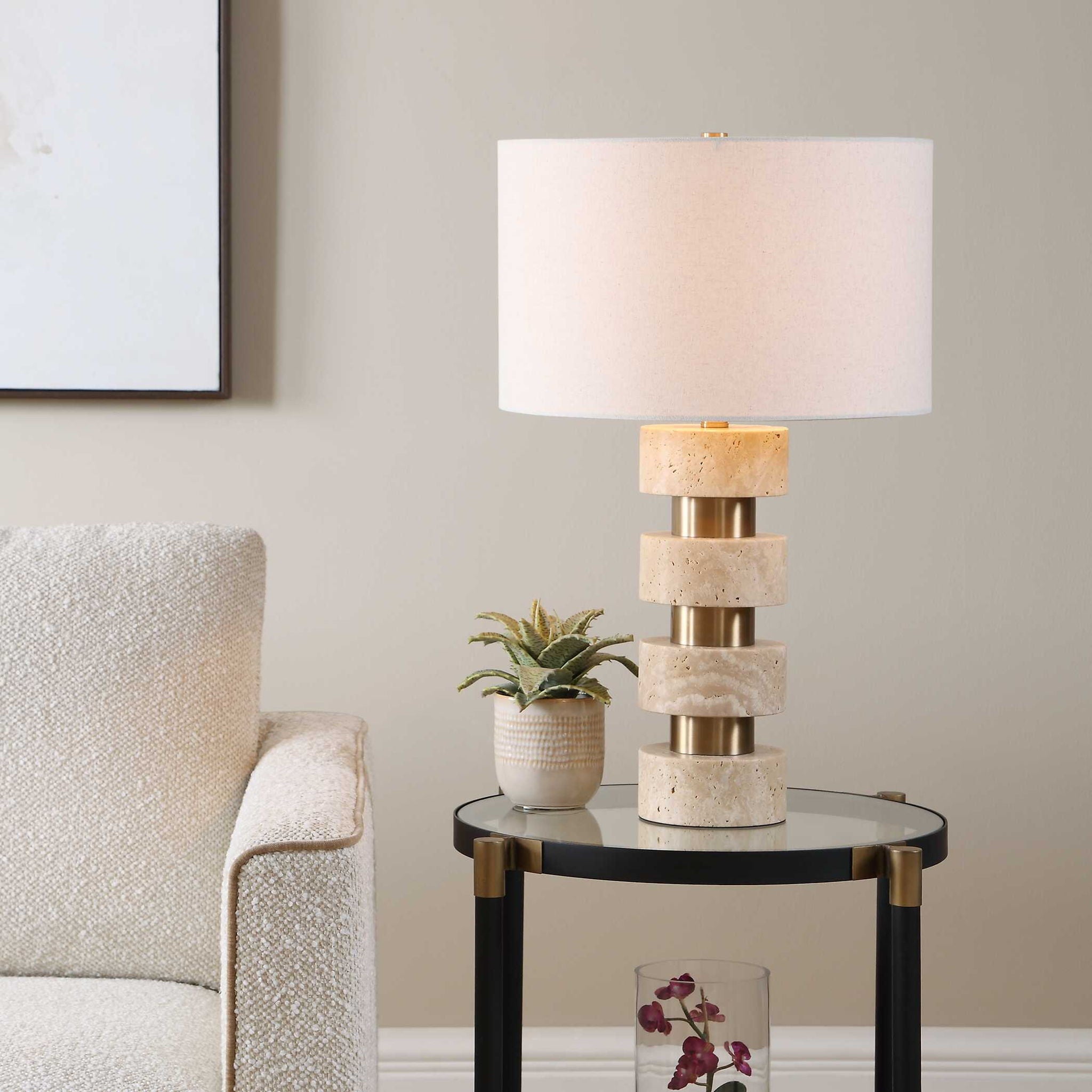 Makani - Travertine Table Lamp - Brass / Gold / White